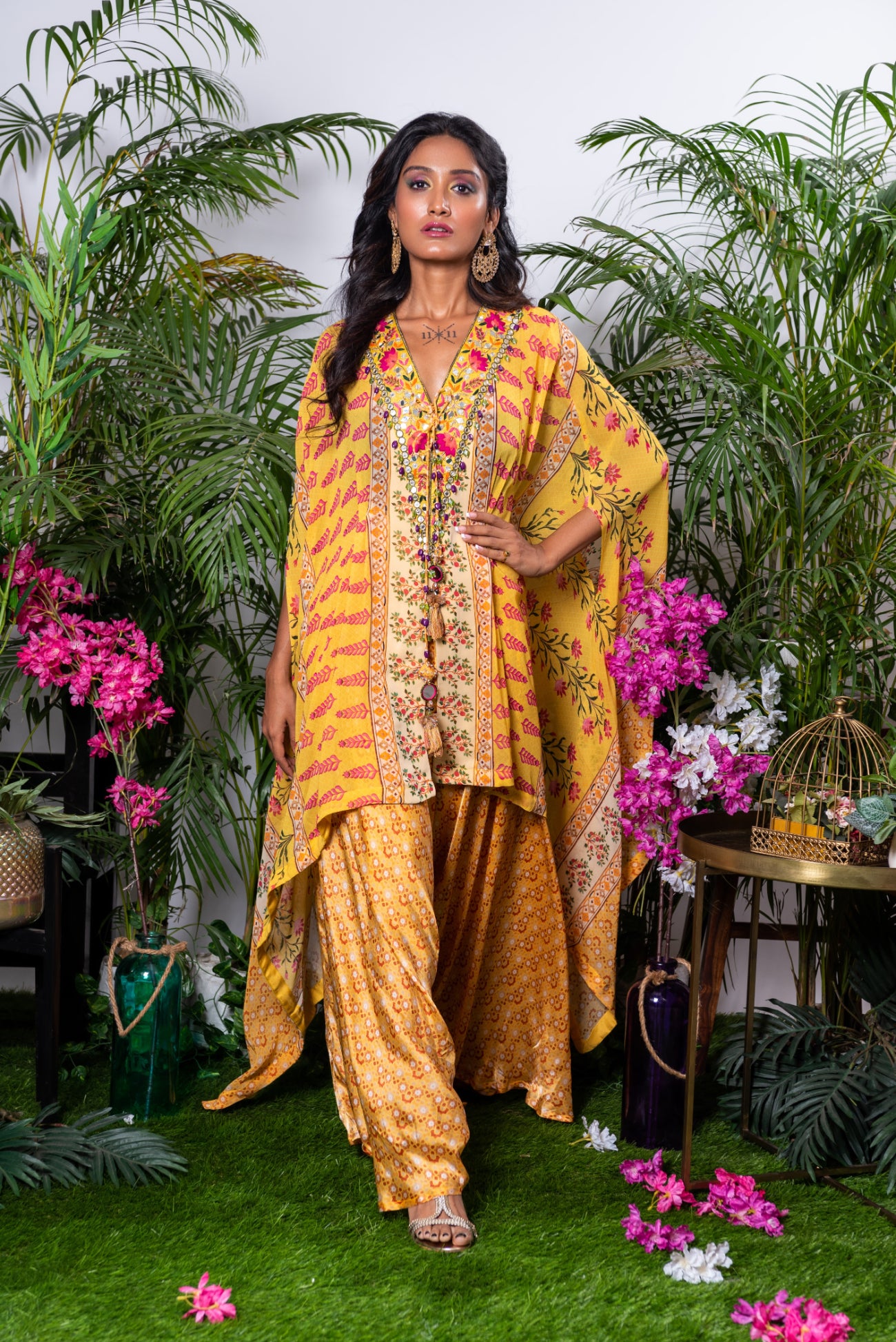 Toga Set, Ruffle Toga Paired With Cowl Pants in Yellow Bagaan Print
