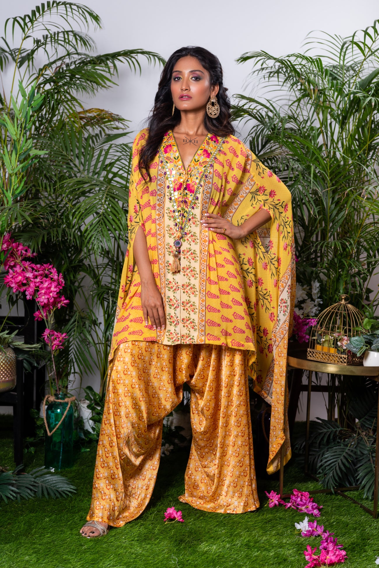 Toga Set, Ruffle Toga Paired With Cowl Pants in Yellow Bagaan Print
