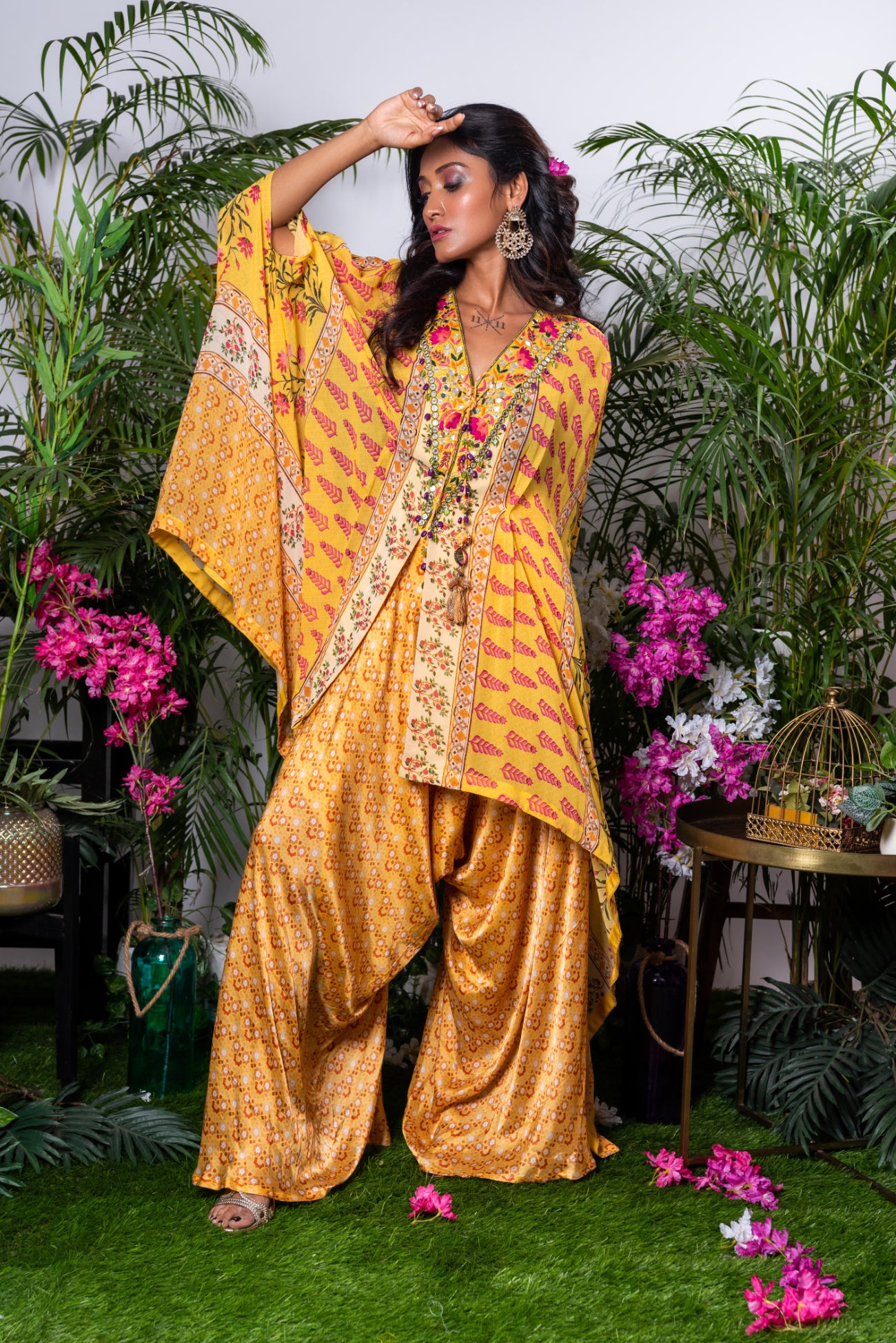 Toga Set, Ruffle Toga Paired With Cowl Pants in Yellow Bagaan Print