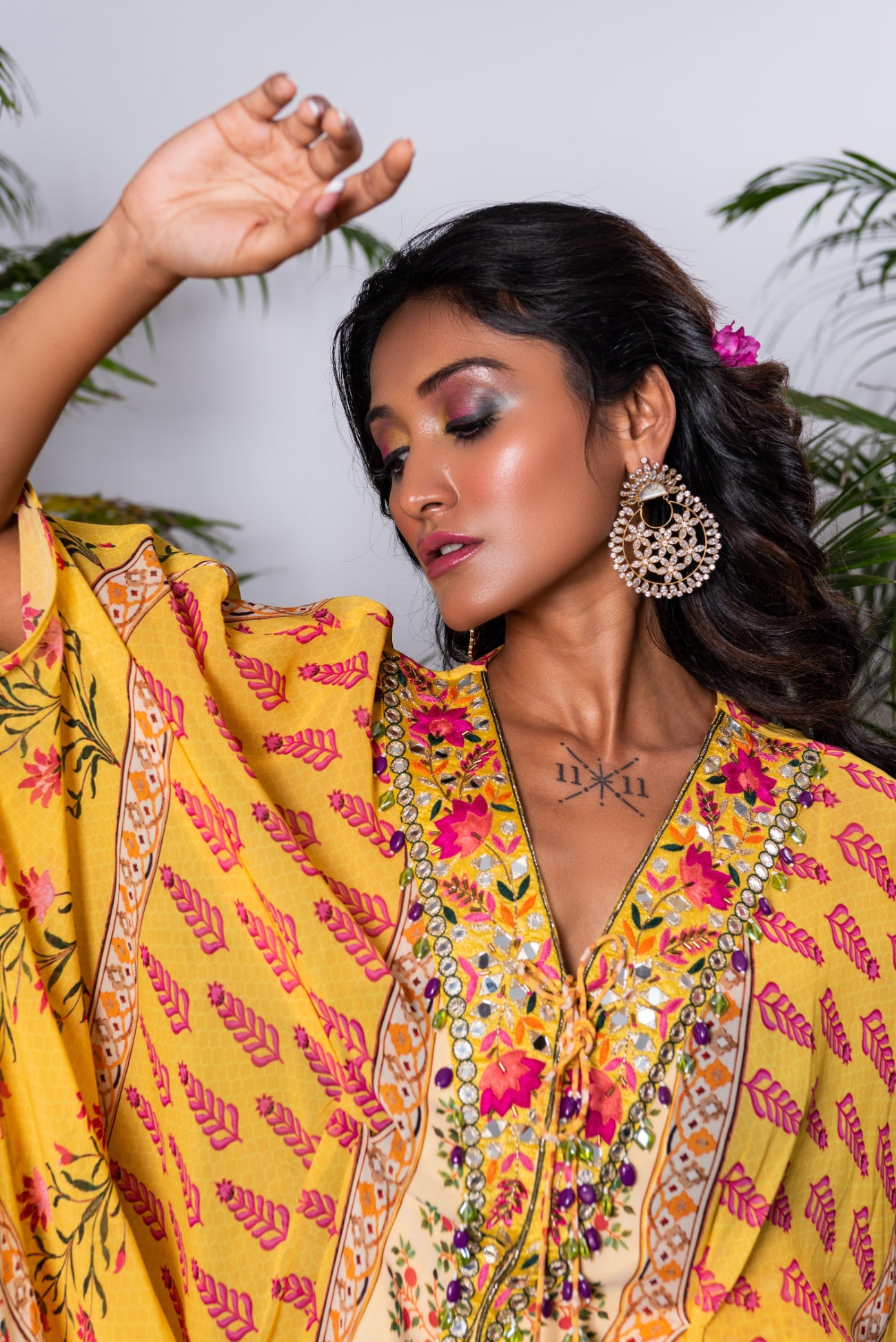 Toga Set, Ruffle Toga Paired With Cowl Pants in Yellow Bagaan Print