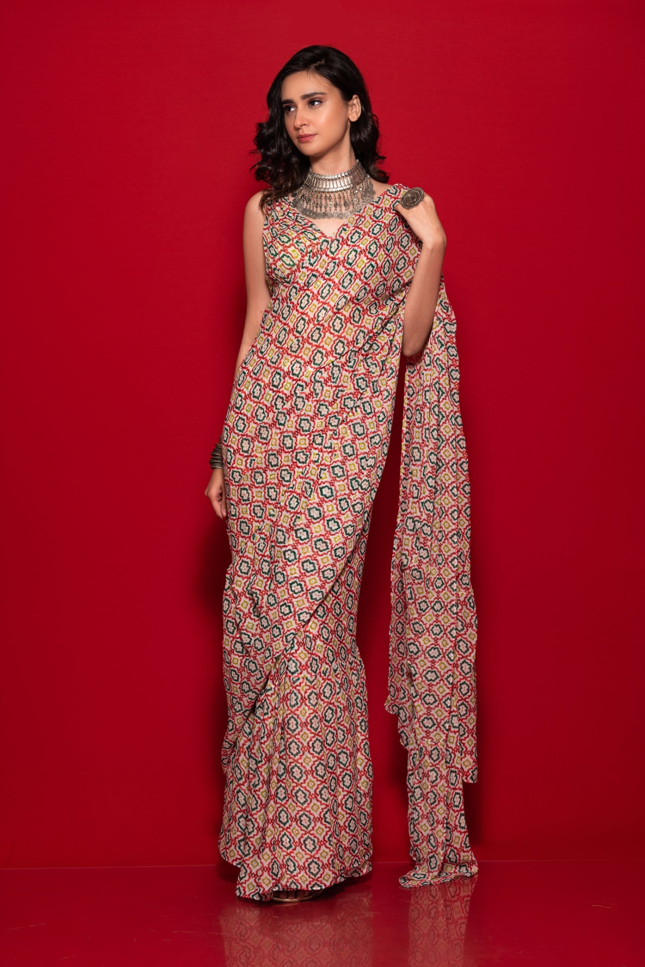 Overall Print Ruffle Saree With Printed Blouse