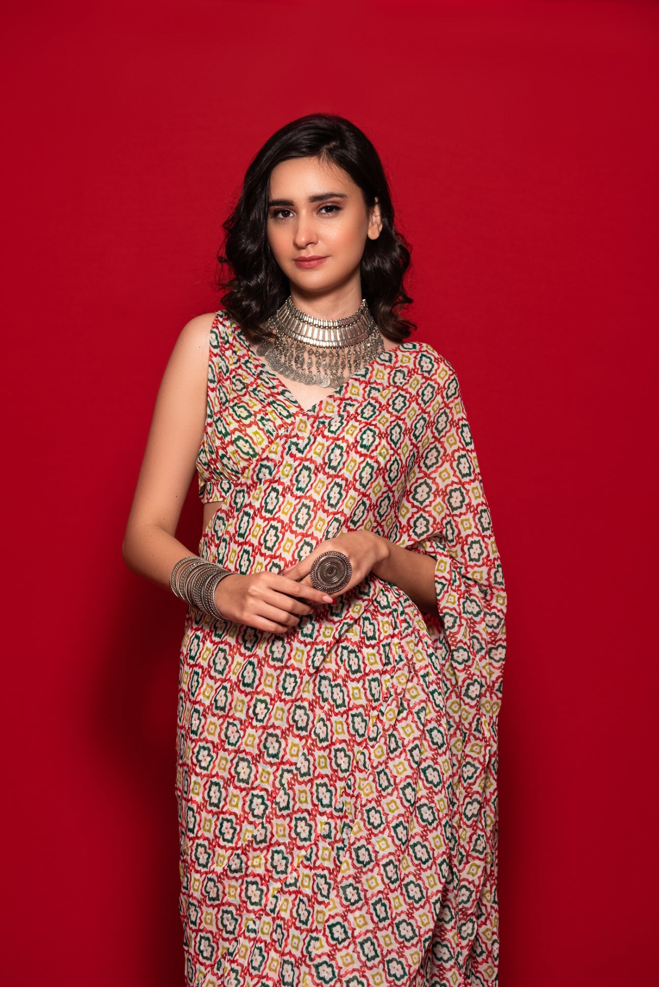 Overall Print Ruffle Saree With Printed Blouse