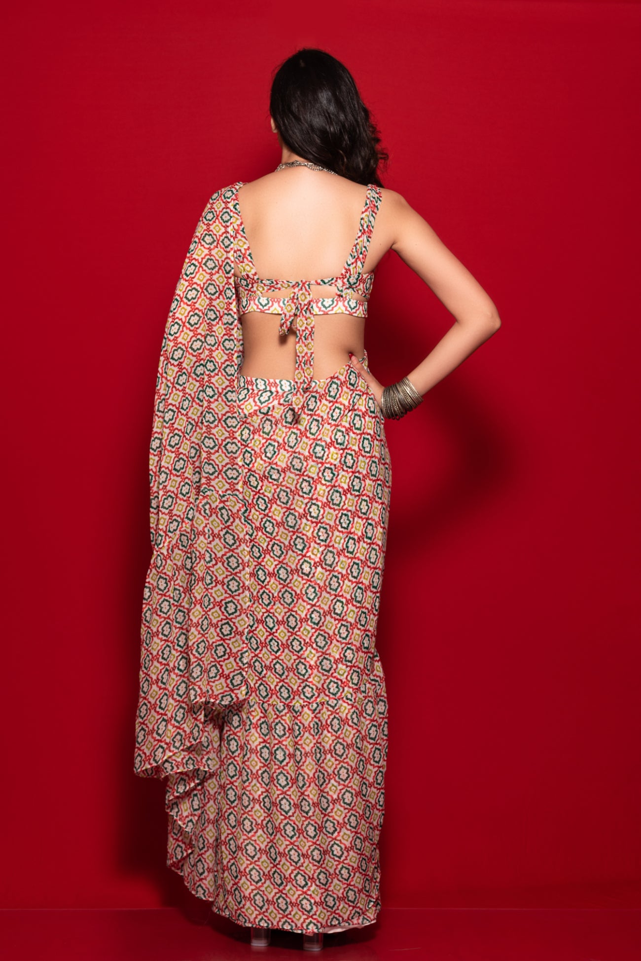 Overall Print Ruffle Saree With Printed Blouse