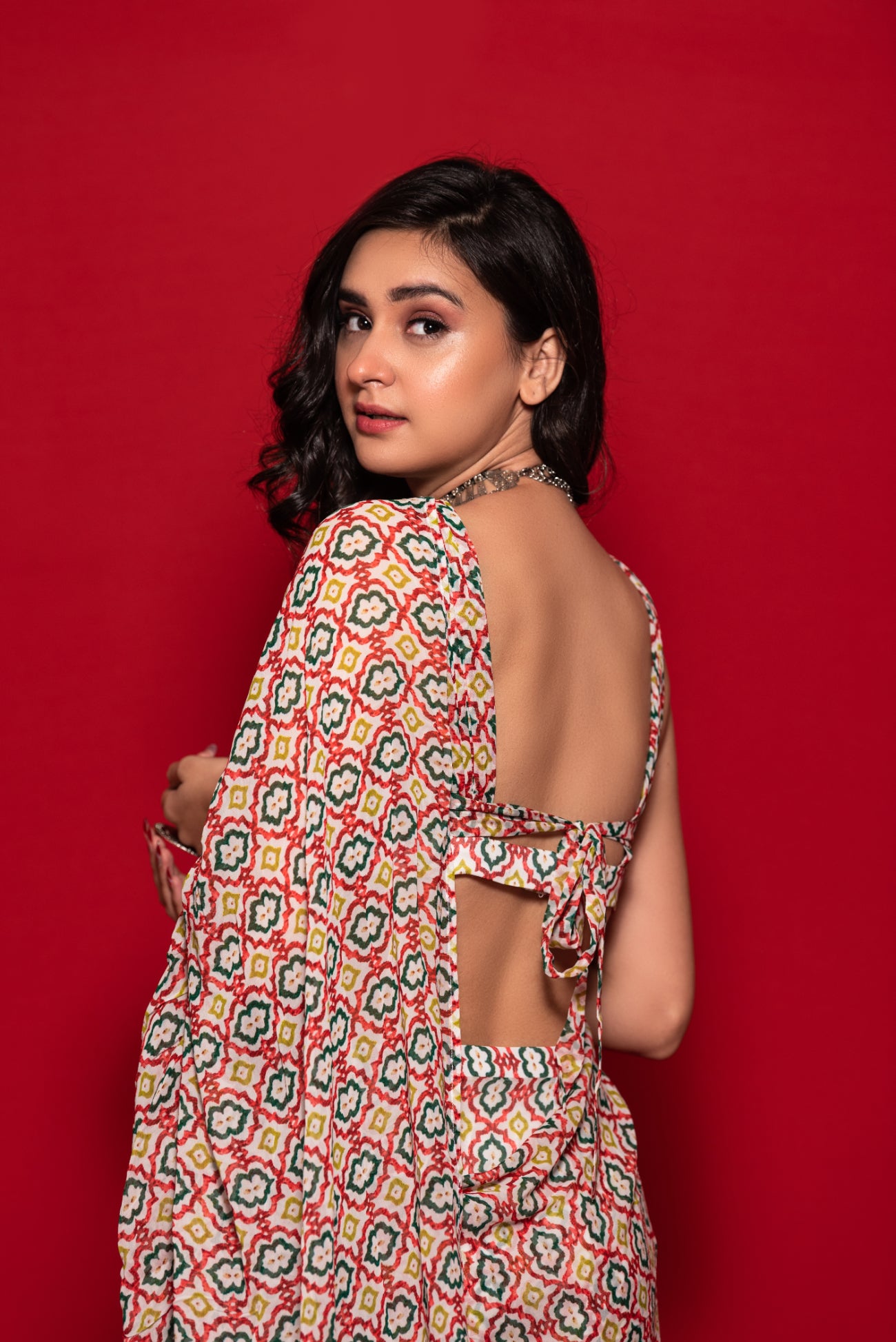 Overall Print Ruffle Saree With Printed Blouse