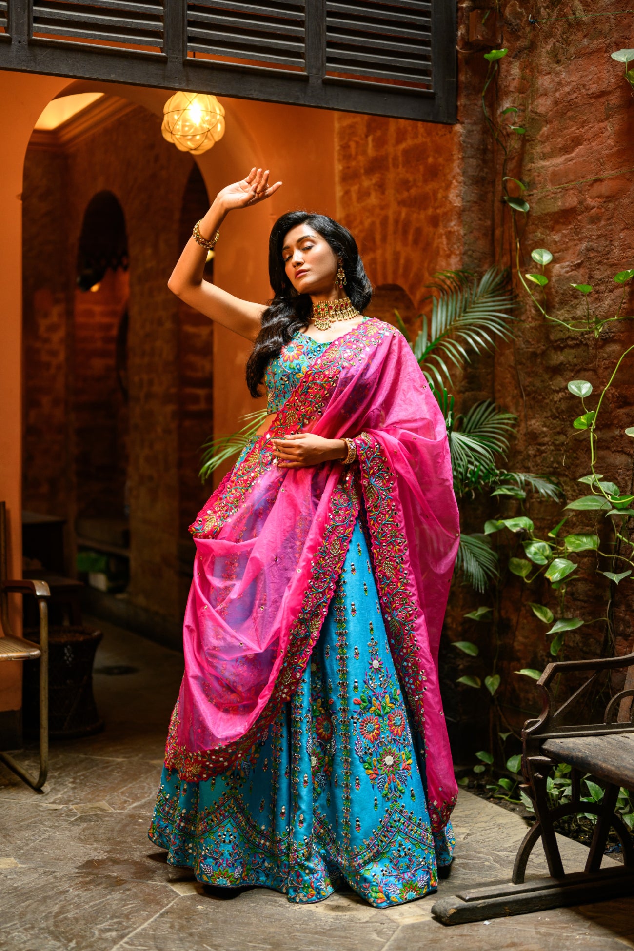 Blue Lehenga With Pink Dupatta