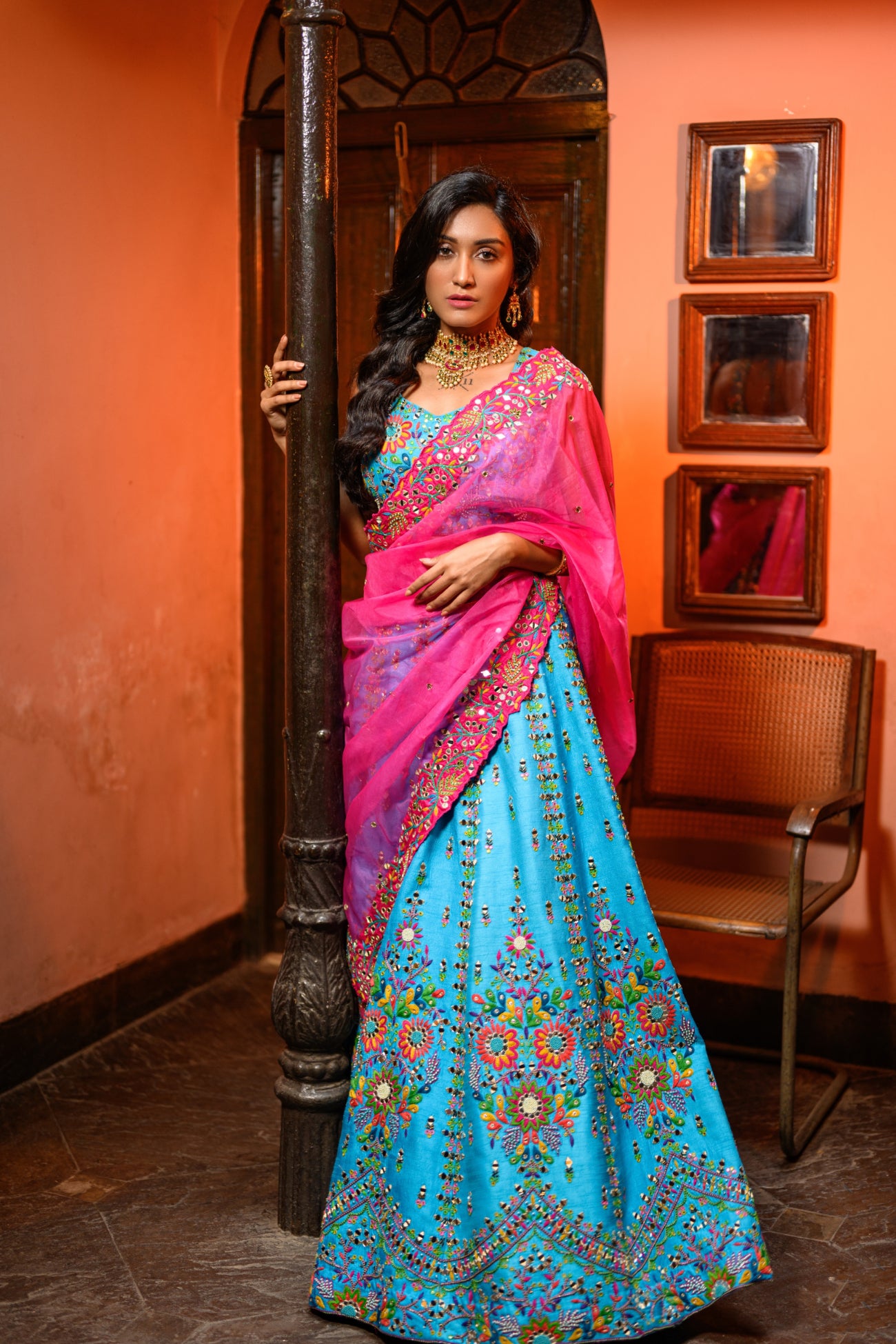 Blue Lehenga With Pink Dupatta