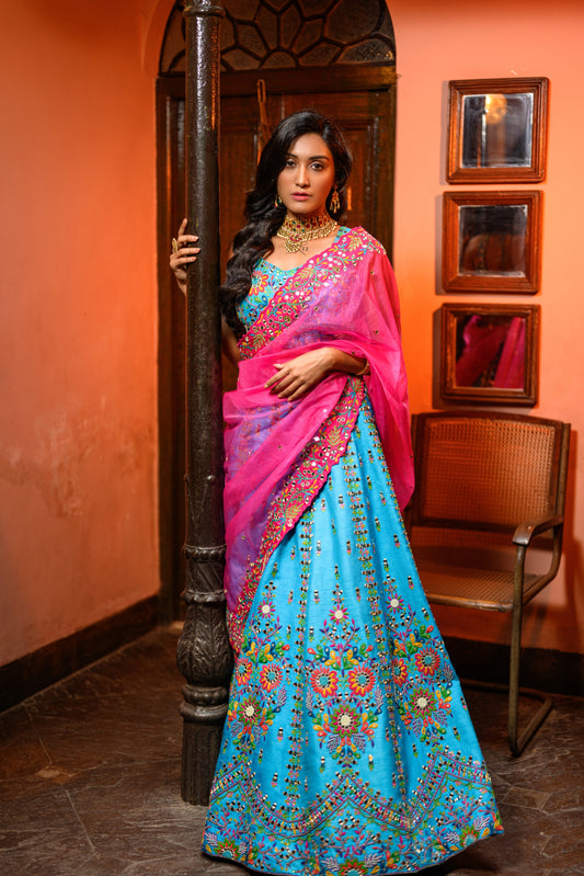 Blue Lehenga With Pink Dupatta