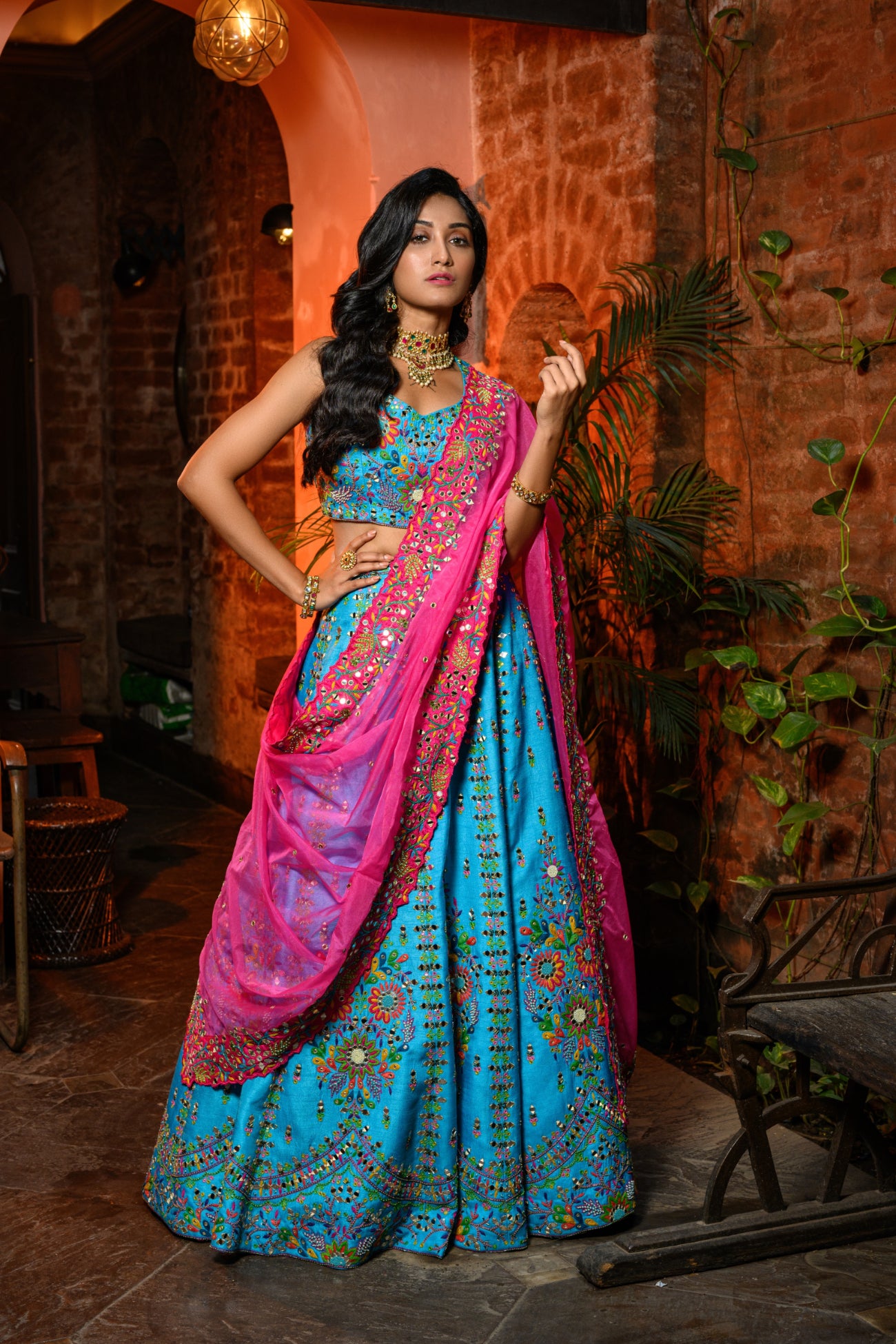Blue Lehenga With Pink Dupatta
