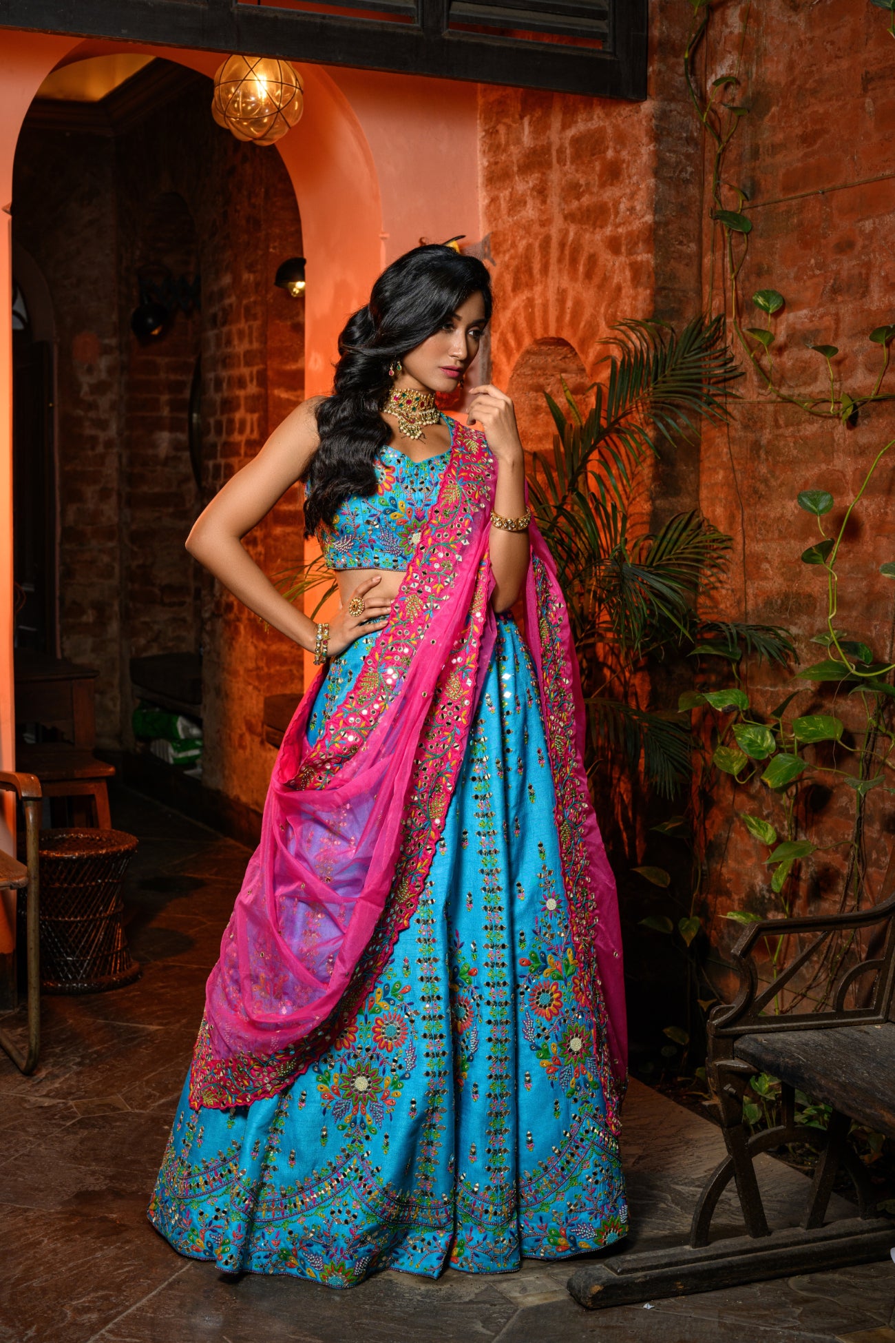 Blue Lehenga With Pink Dupatta