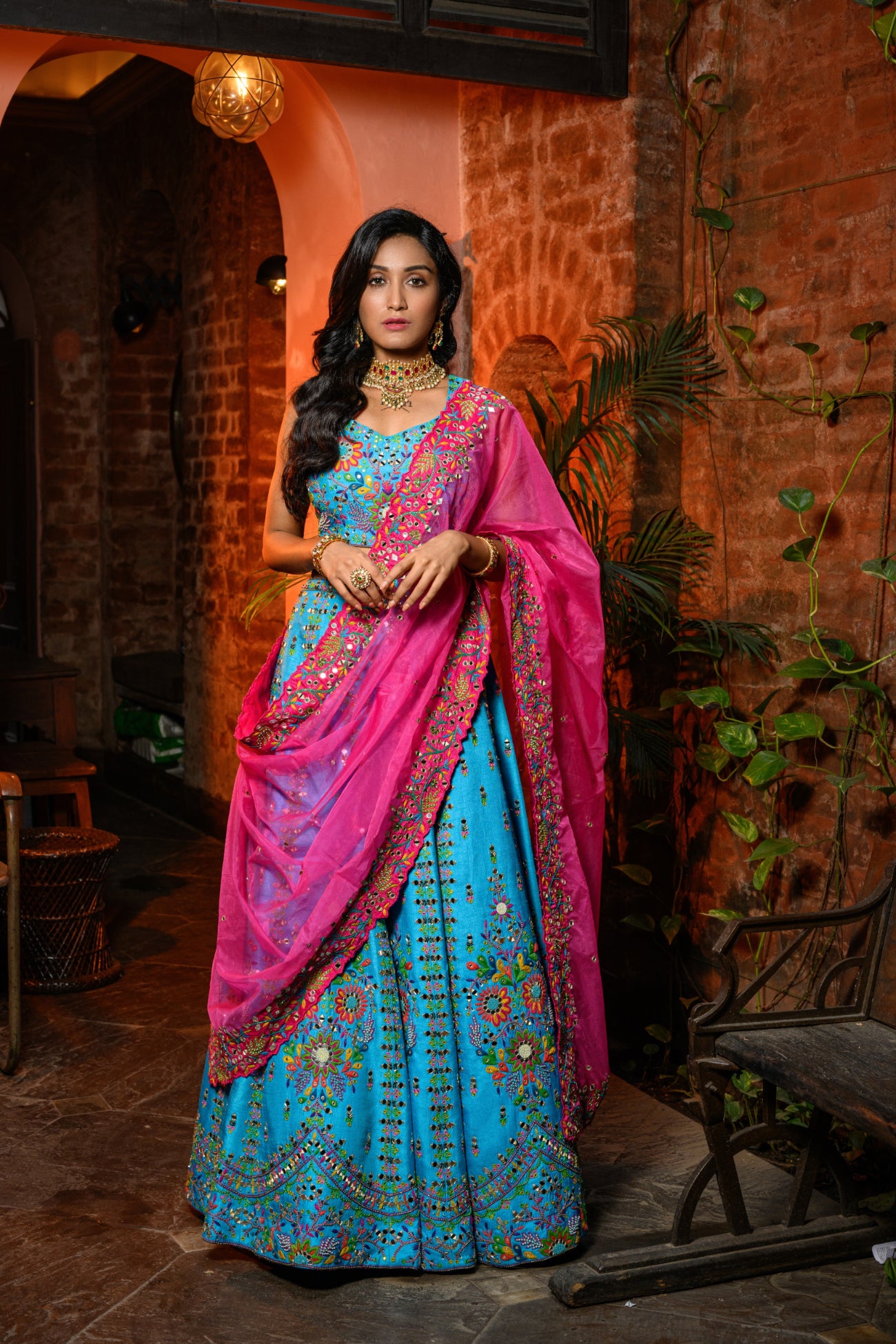 Blue Lehenga With Pink Dupatta