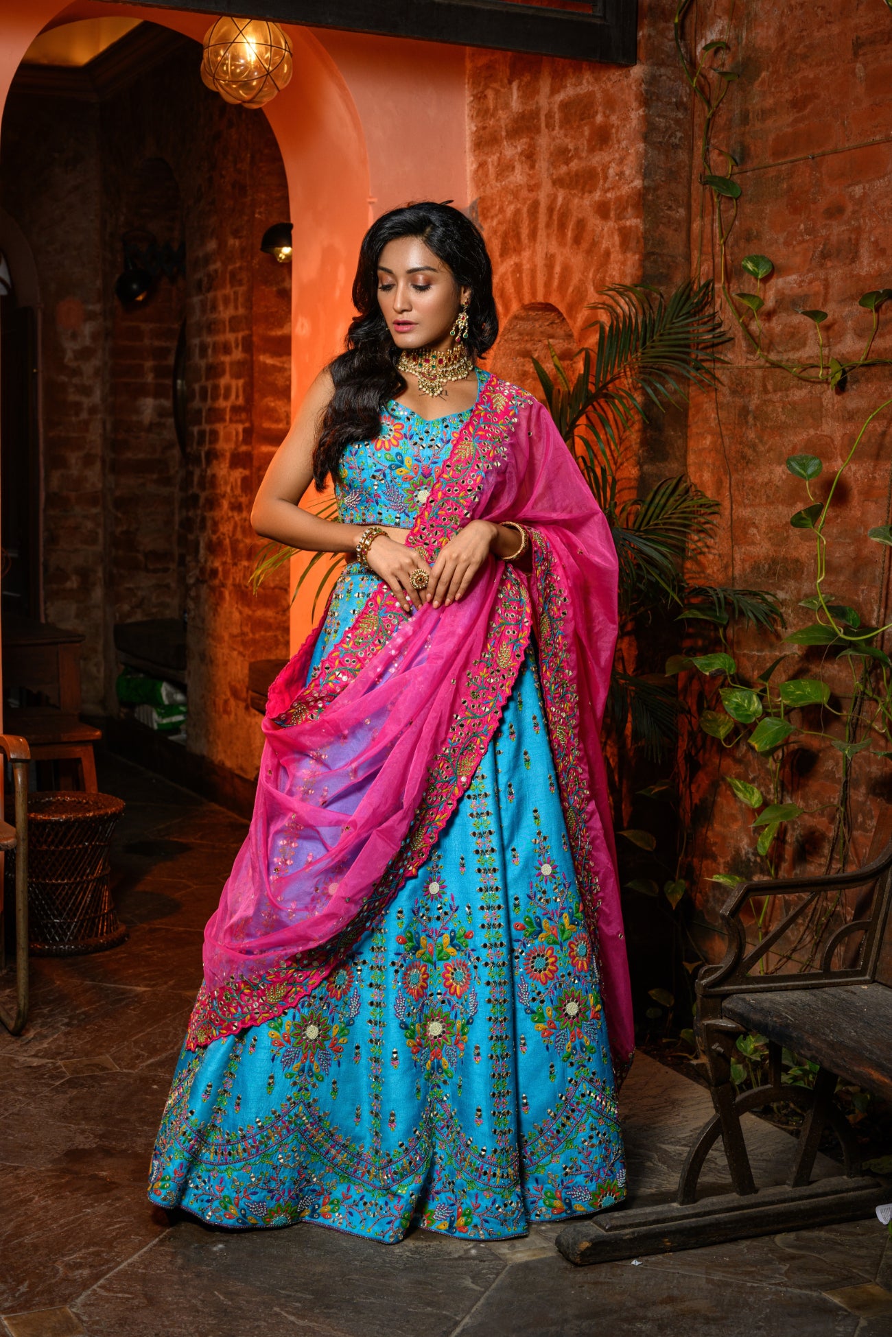 Blue Lehenga With Pink Dupatta