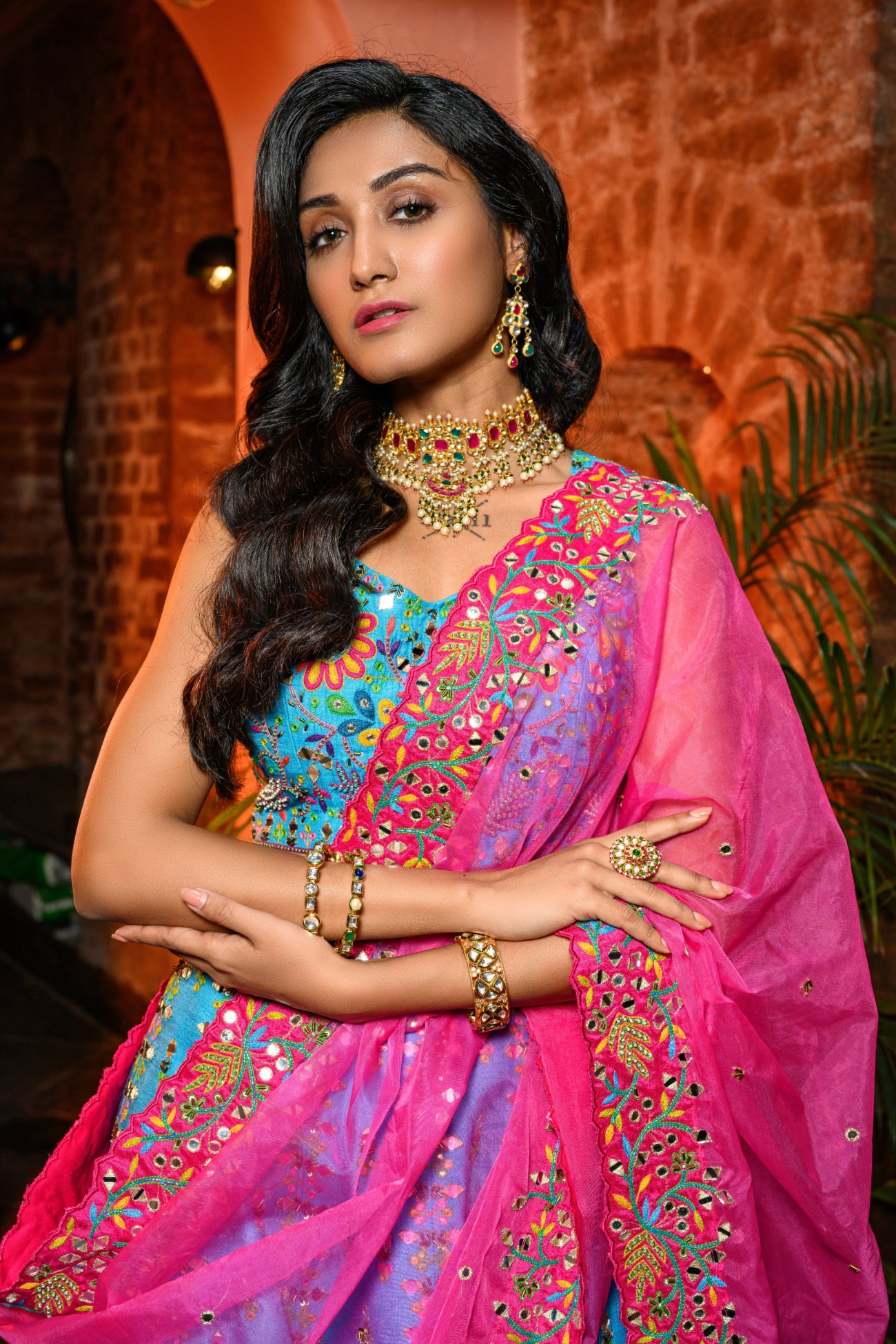 Blue Lehenga With Pink Dupatta