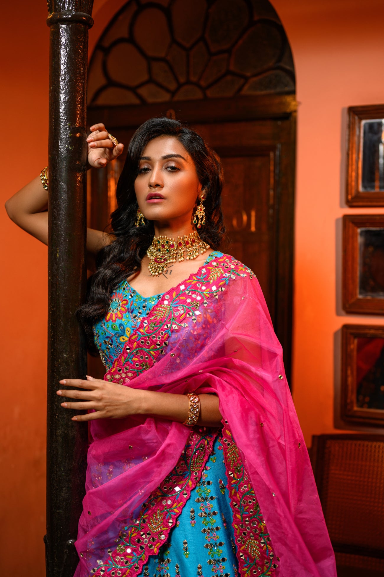 Blue Lehenga With Pink Dupatta