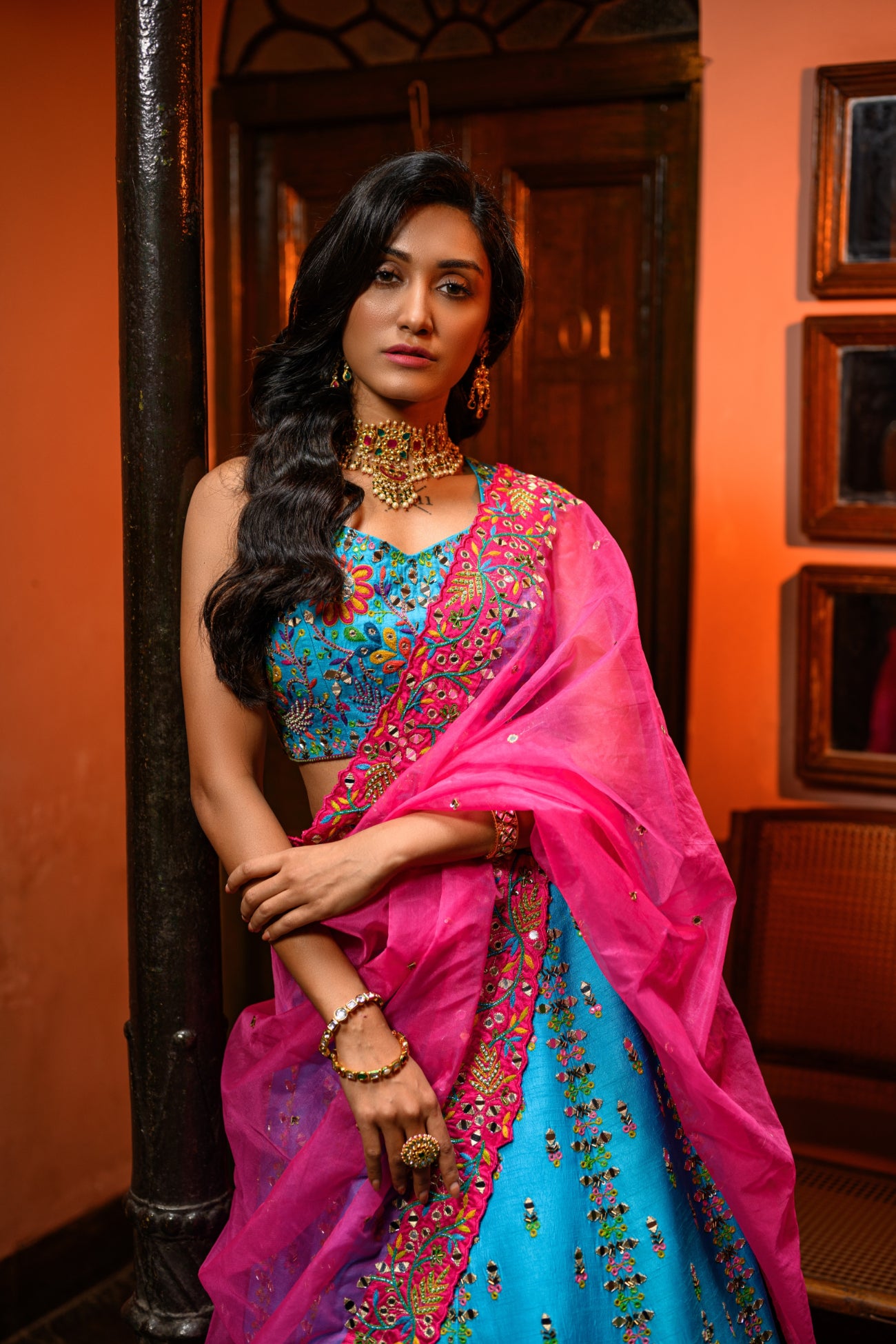 Blue Lehenga With Pink Dupatta