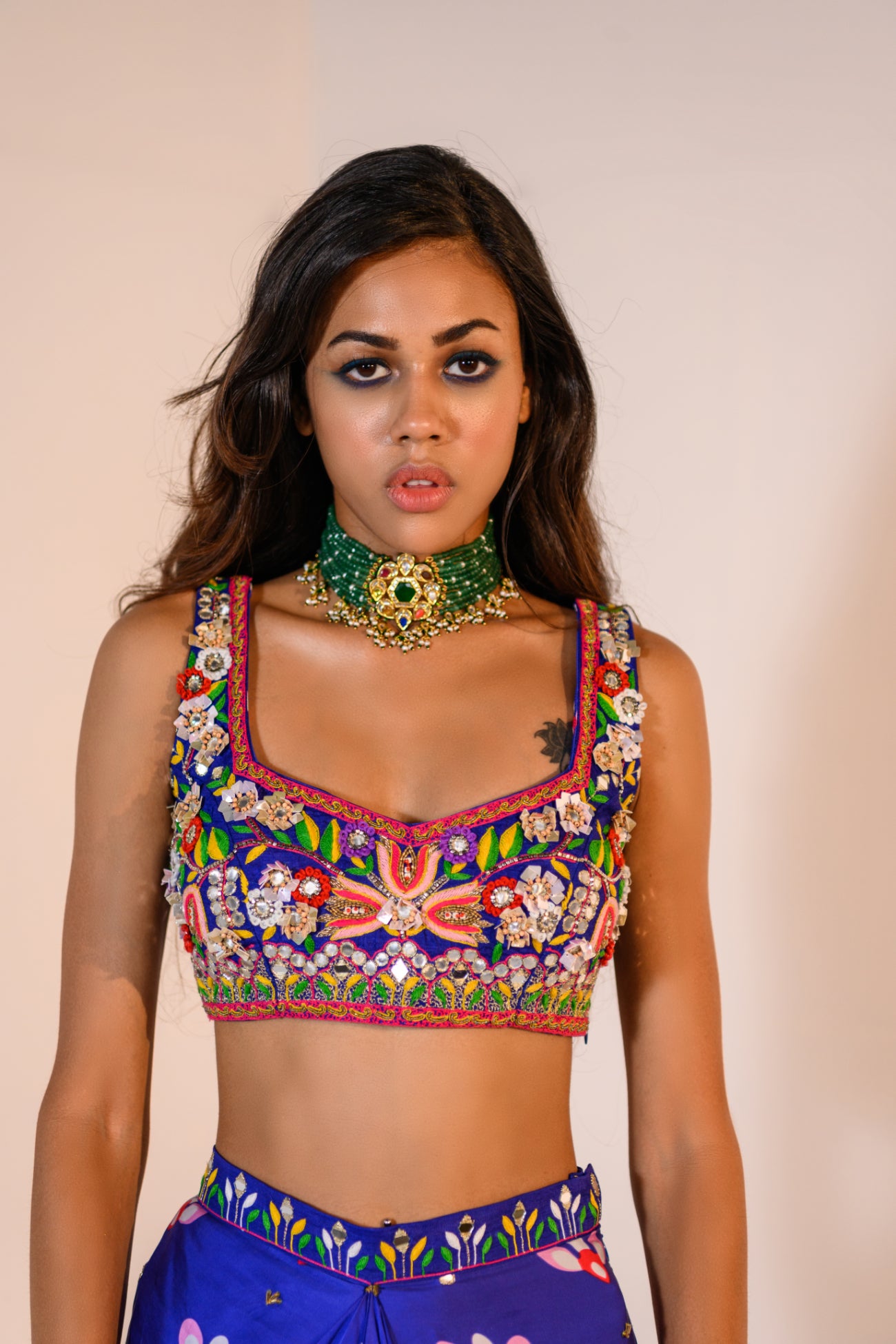 Our Mirror Embelished Indica Dhoti Skirt Paired With Hand Embriodered Bralette & Veronica Cape With Embelished Border