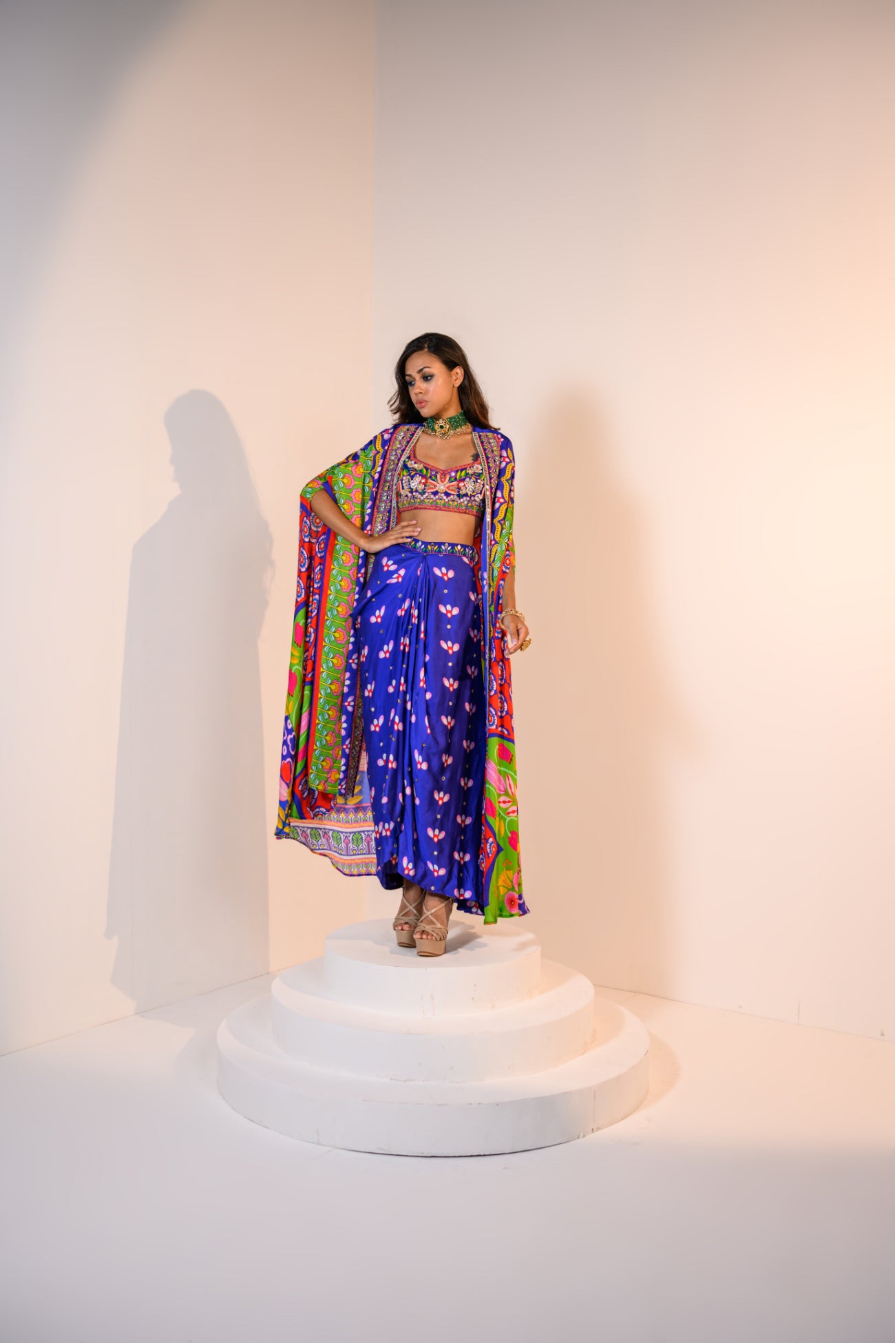 Our Mirror Embelished Indica Dhoti Skirt Paired With Hand Embriodered Bralette & Veronica Cape With Embelished Border