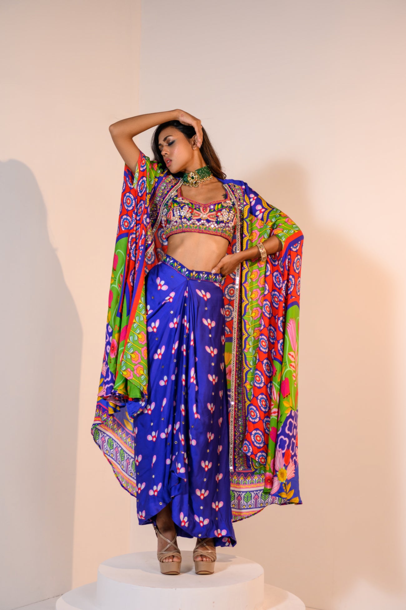 Our Mirror Embelished Indica Dhoti Skirt Paired With Hand Embriodered Bralette & Veronica Cape With Embelished Border