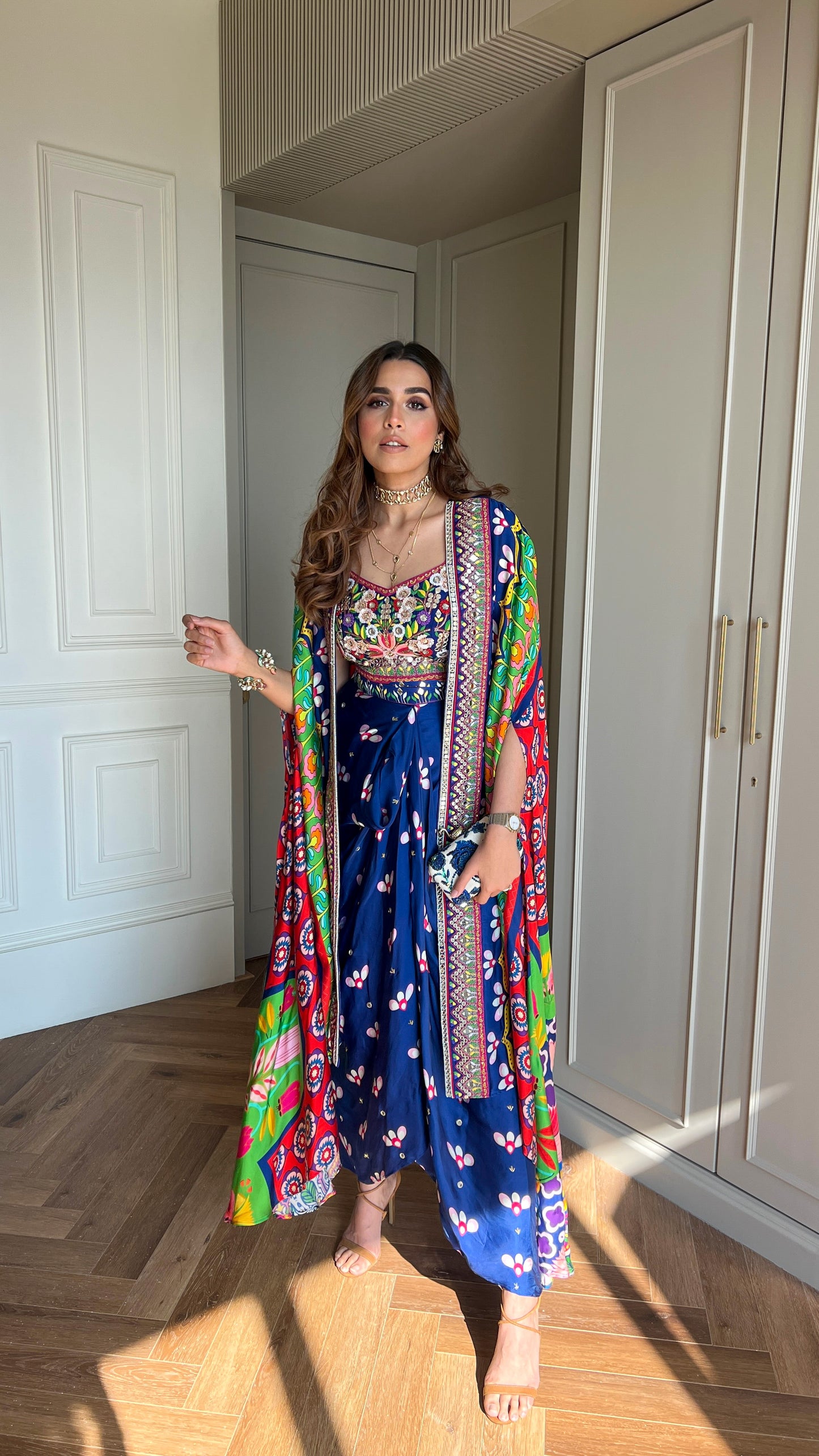 Our Mirror Embelished Indica Dhoti Skirt Paired With Hand Embriodered Bralette & Veronica Cape With Embelished Border