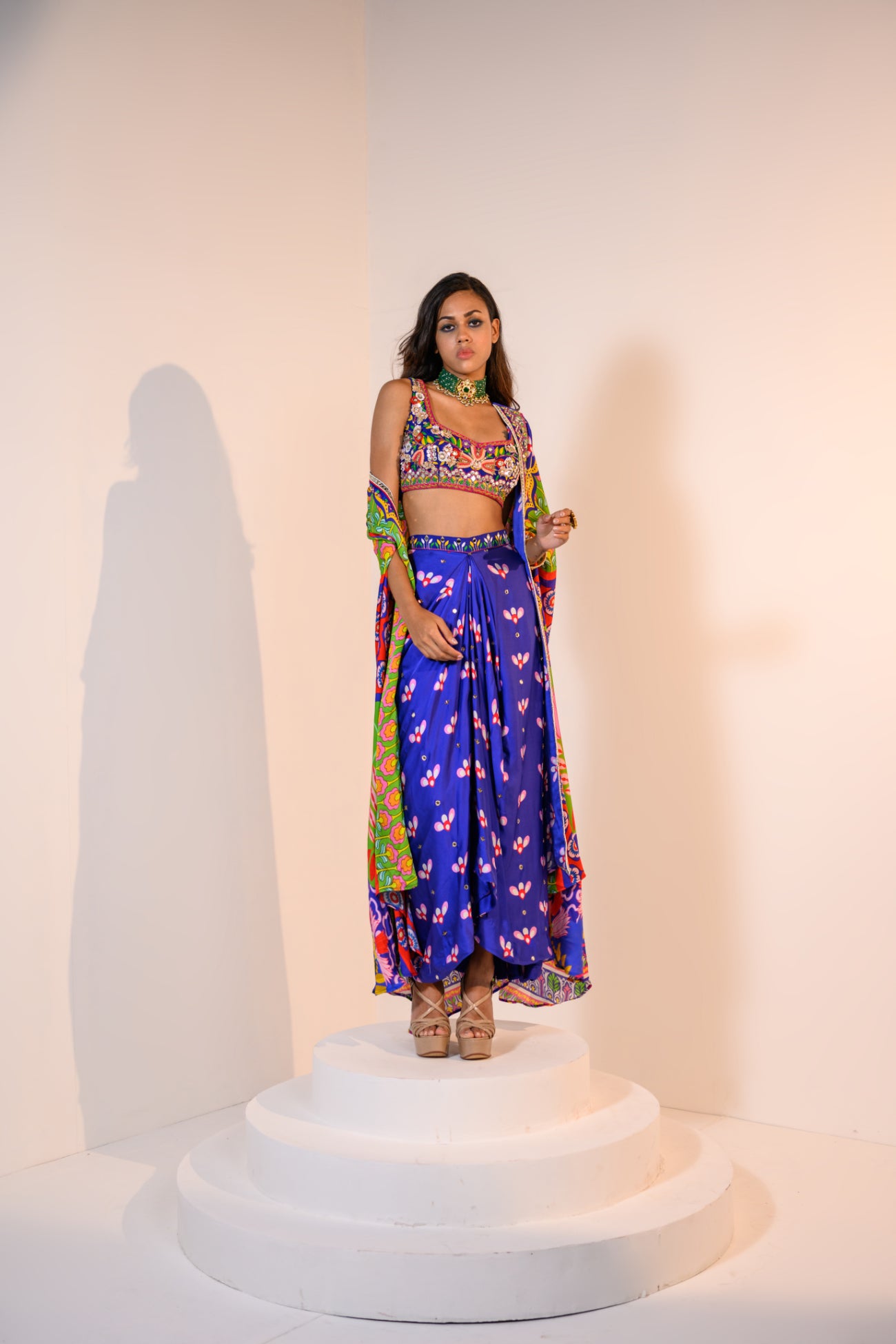 Our Mirror Embelished Indica Dhoti Skirt Paired With Hand Embriodered Bralette & Veronica Cape With Embelished Border
