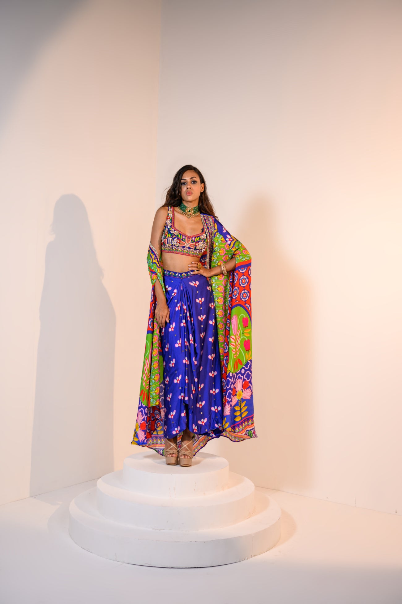 Our Mirror Embelished Indica Dhoti Skirt Paired With Hand Embriodered Bralette & Veronica Cape With Embelished Border