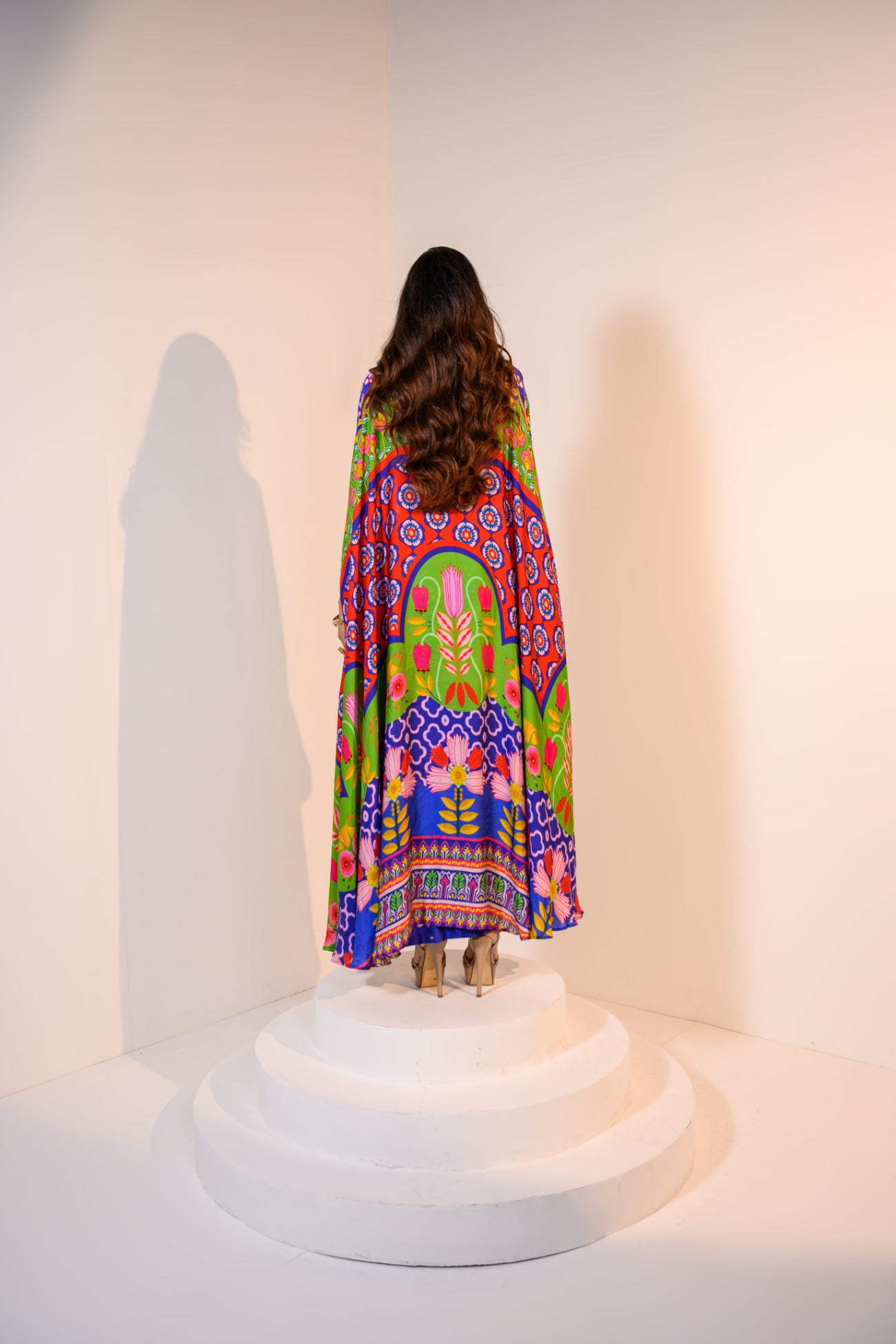 Our Mirror Embelished Indica Dhoti Skirt Paired With Hand Embriodered Bralette & Veronica Cape With Embelished Border