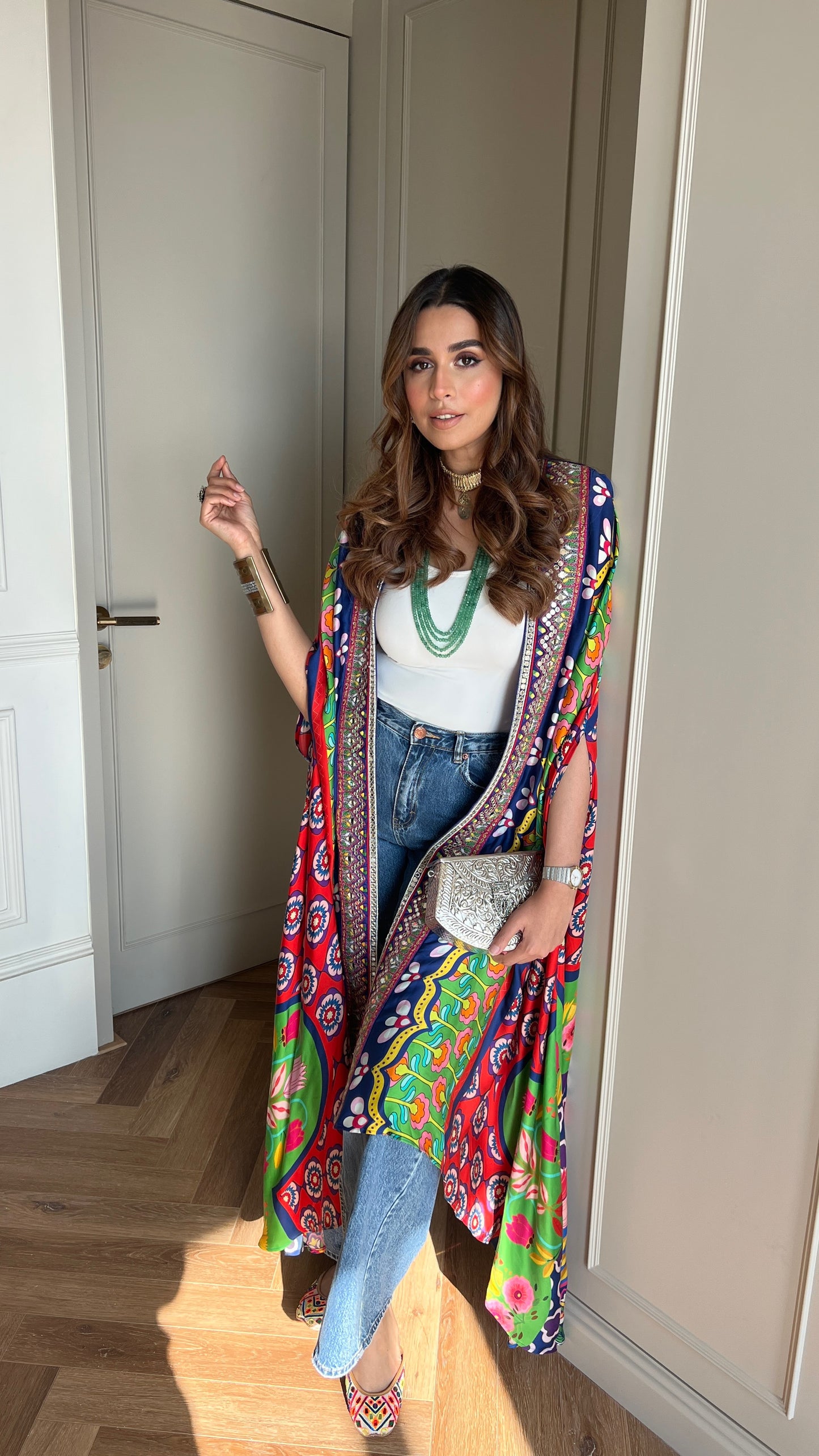 Our Mirror Embelished Indica Dhoti Skirt Paired With Hand Embriodered Bralette & Veronica Cape With Embelished Border