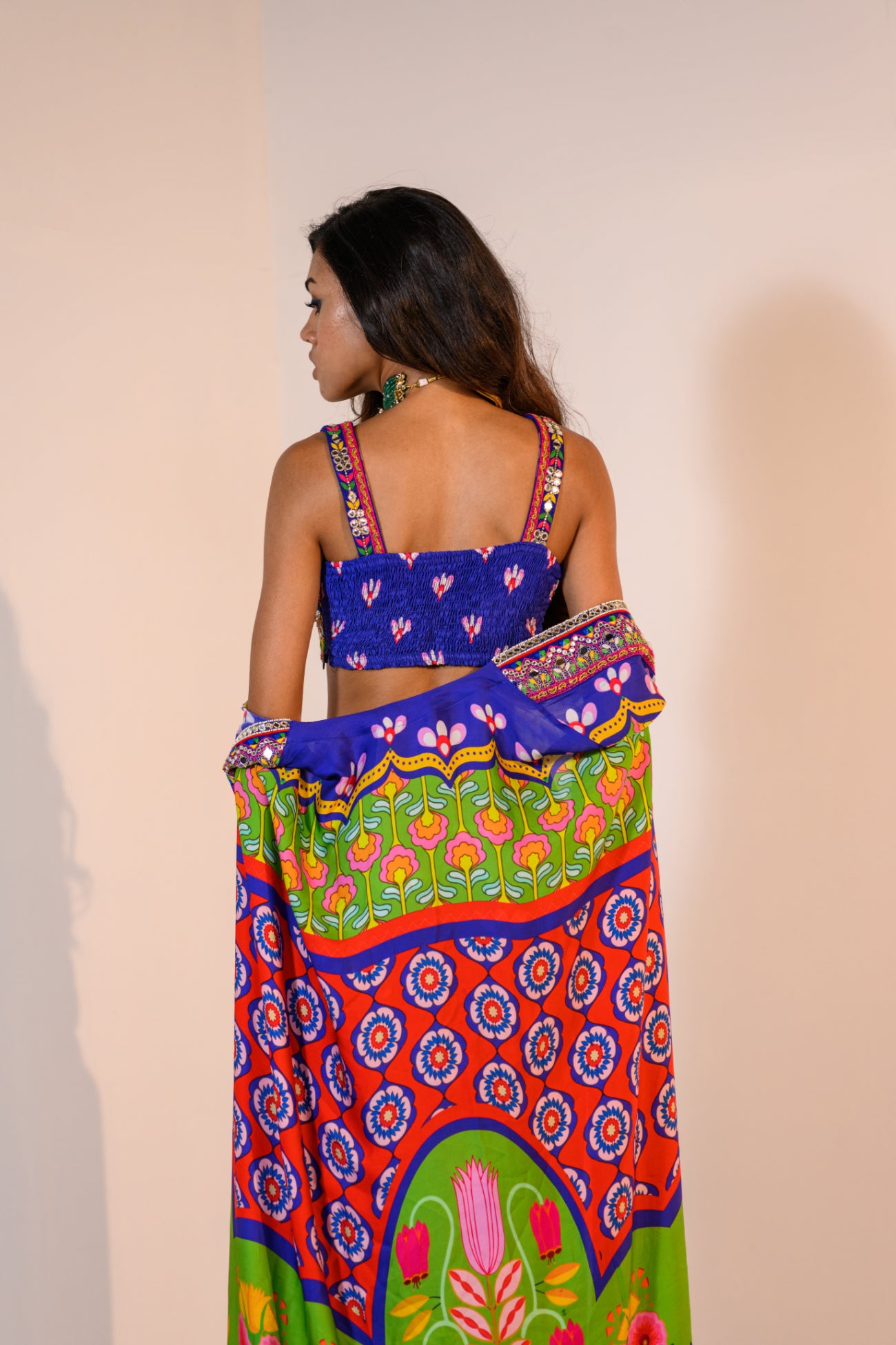 Our Mirror Embelished Indica Dhoti Skirt Paired With Hand Embriodered Bralette & Veronica Cape With Embelished Border