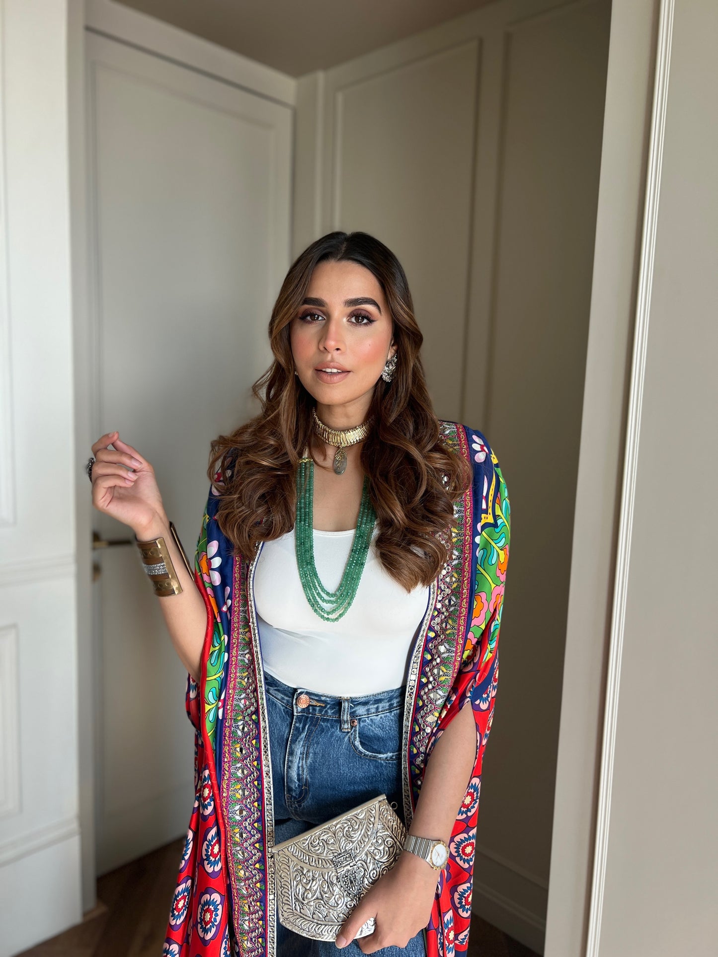Our Mirror Embelished Indica Dhoti Skirt Paired With Hand Embriodered Bralette & Veronica Cape With Embelished Border