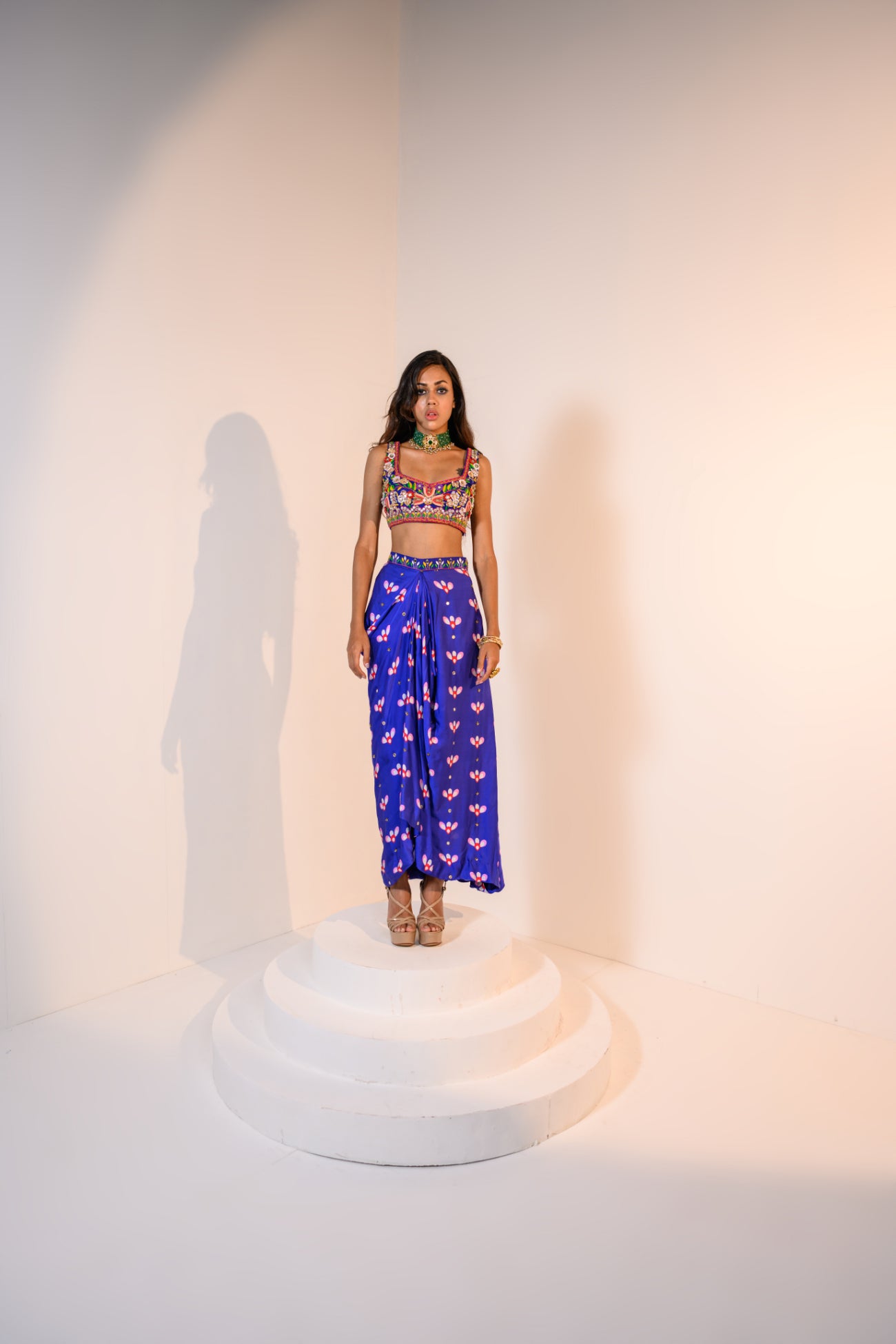 Our Mirror Embelished Indica Dhoti Skirt Paired With Hand Embriodered Bralette & Veronica Cape With Embelished Border