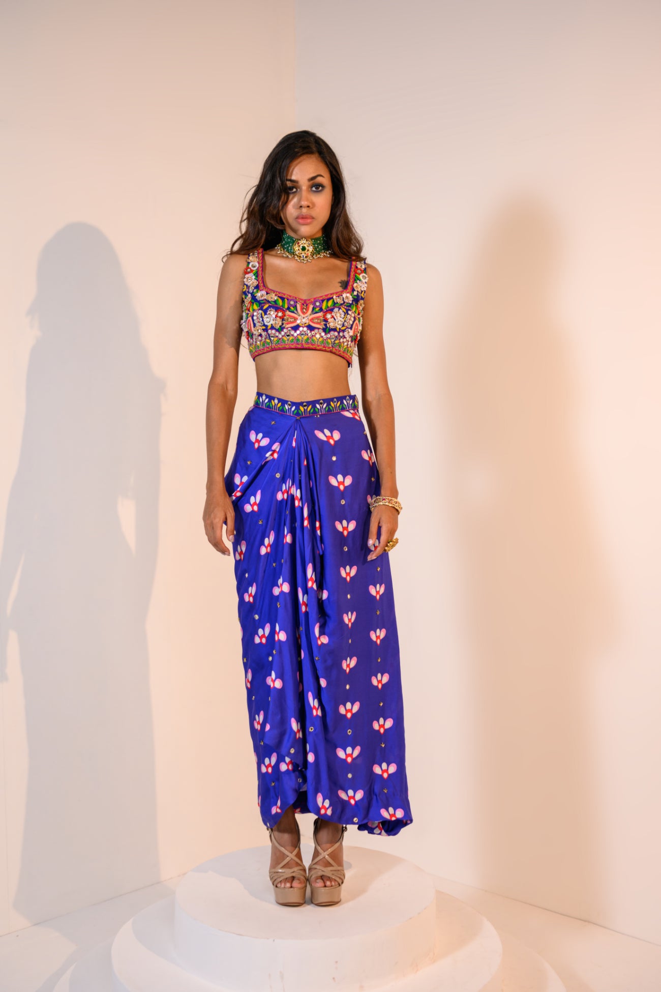 Our Mirror Embelished Indica Dhoti Skirt Paired With Hand Embriodered Bralette & Veronica Cape With Embelished Border