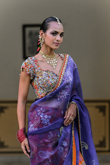AMBER BLOOM DAMAN SAREE WITH PAISLEY EMBROIDERED PALLA , PETTICOAT AND EMBROIDERED BLOUSE