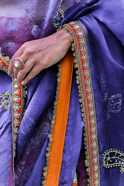 AMBER BLOOM DAMAN SAREE WITH PAISLEY EMBROIDERED PALLA , PETTICOAT AND EMBROIDERED BLOUSE