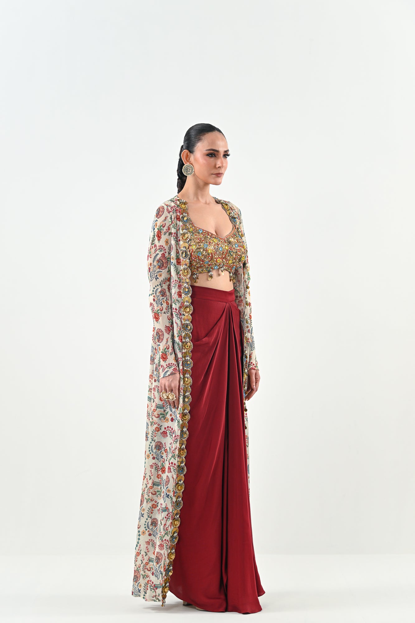 IB DHOTI SET PAIRED WITH EMBROIDERED BRALLETE AND JACKET