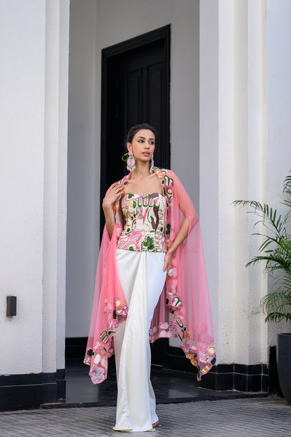 FLORA METALLIC HIGHLIGHT CORSET PAIRED WITH SKIRT SET WITH CAPE SET