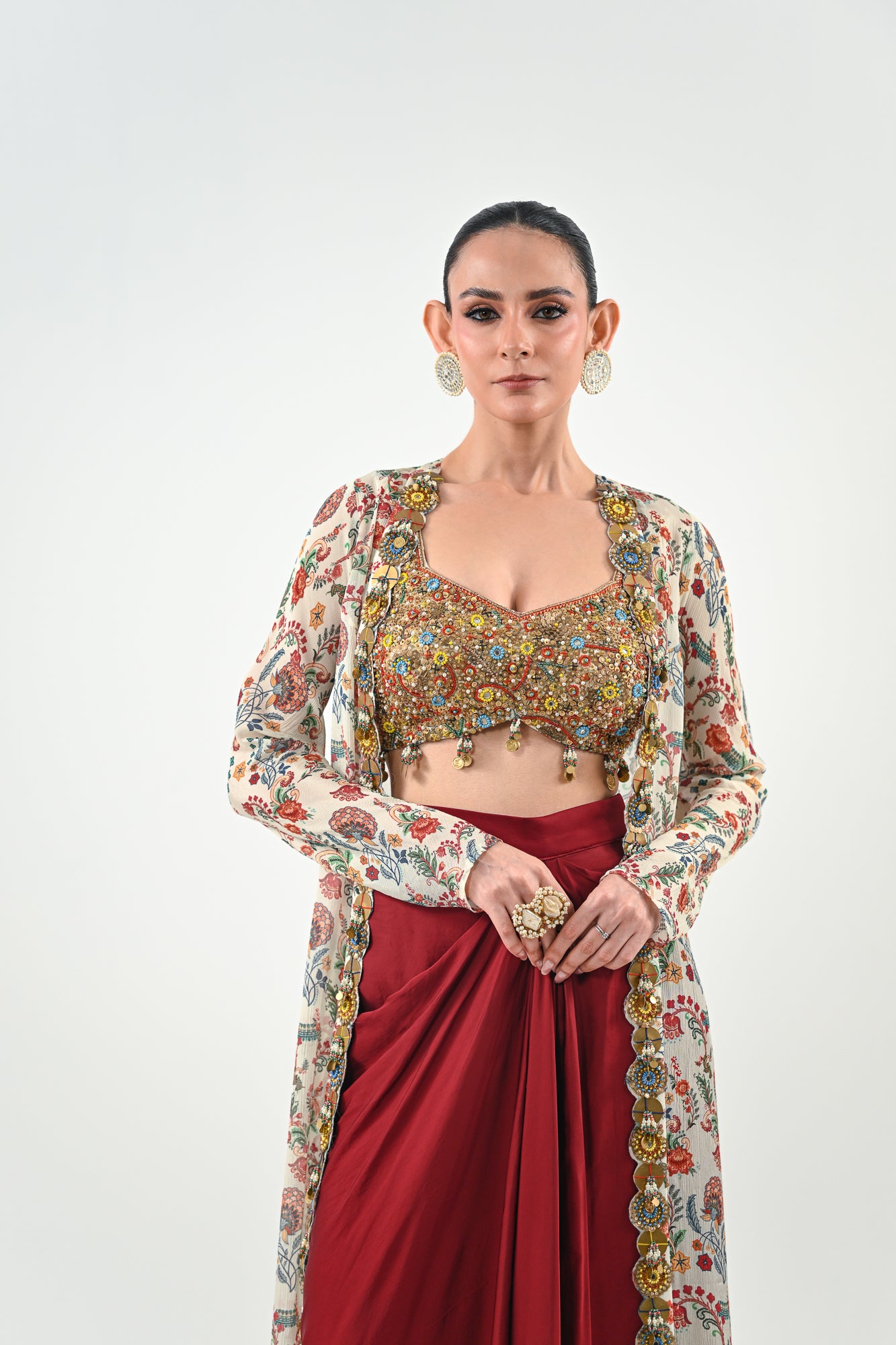 IB DHOTI SET PAIRED WITH EMBROIDERED BRALLETE AND JACKET