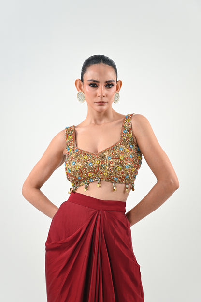 IB DHOTI SET PAIRED WITH EMBROIDERED BRALLETE AND JACKET