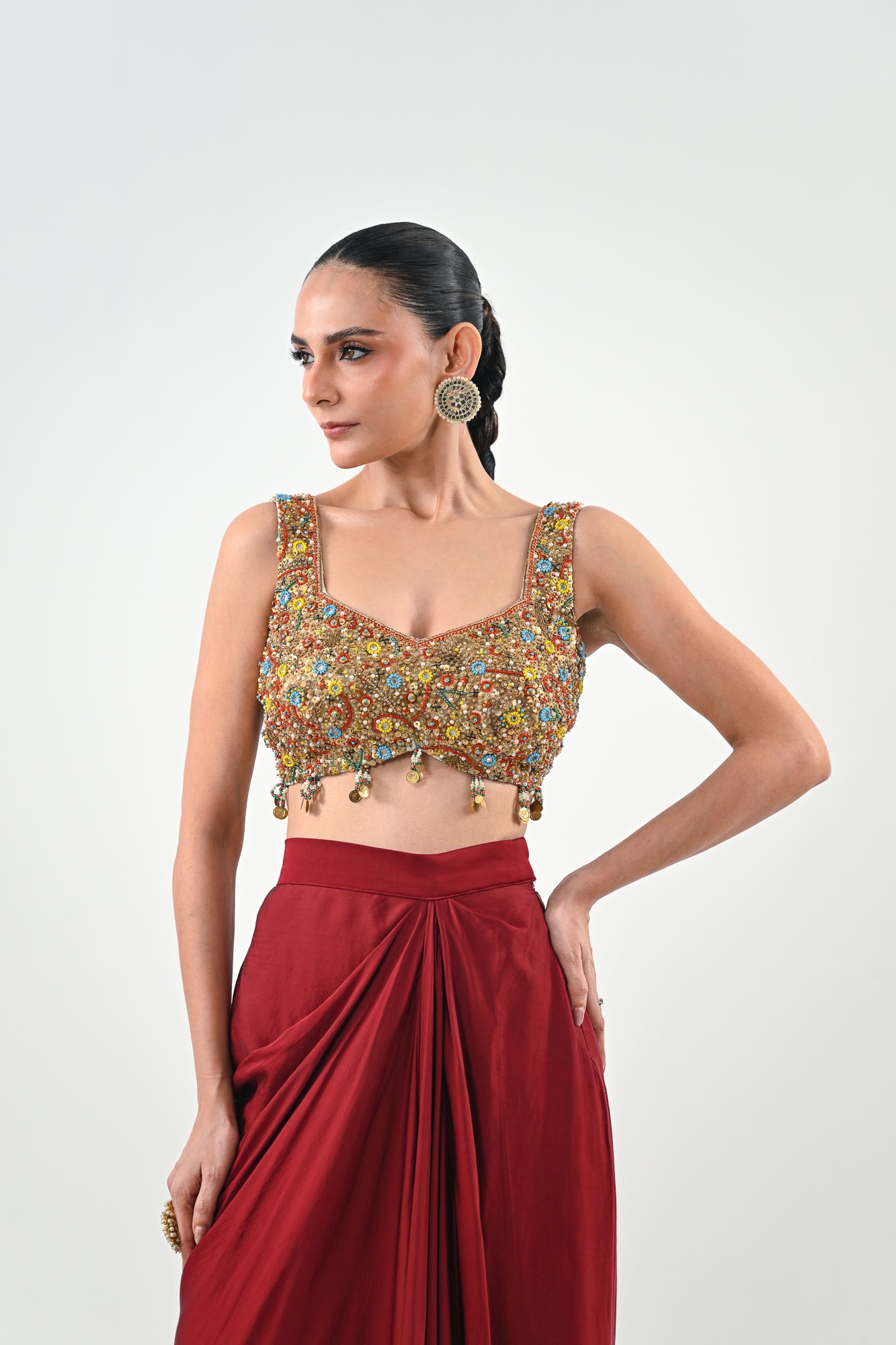 IB DHOTI SET PAIRED WITH EMBROIDERED BRALLETE AND JACKET