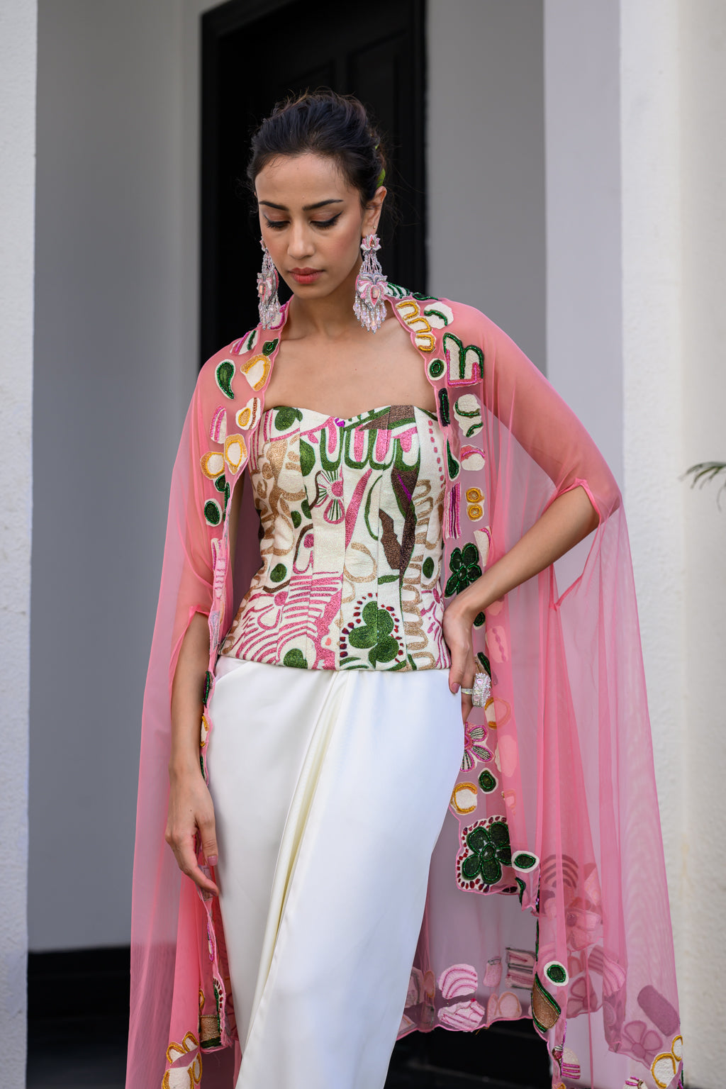 FLORA METALLIC HIGHLIGHT CORSET PAIRED WITH SKIRT SET WITH CAPE SET