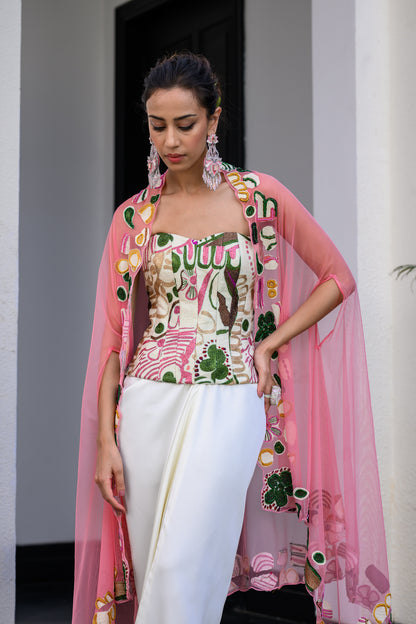 FLORA METALLIC HIGHLIGHT CORSET PAIRED WITH SKIRT SET WITH CAPE SET