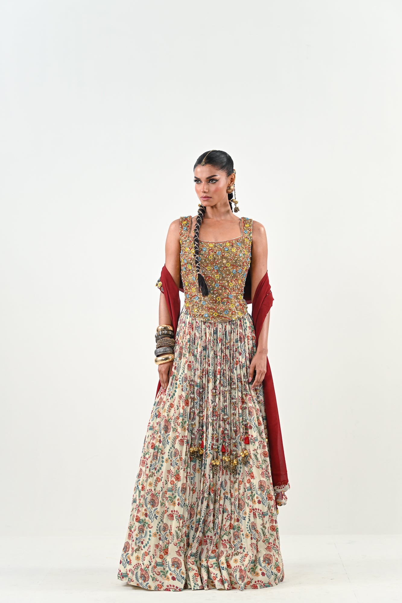 IB LEHENGA WITH EMBROIDERED TASSLE BLOUSE WITH DUPATTA
