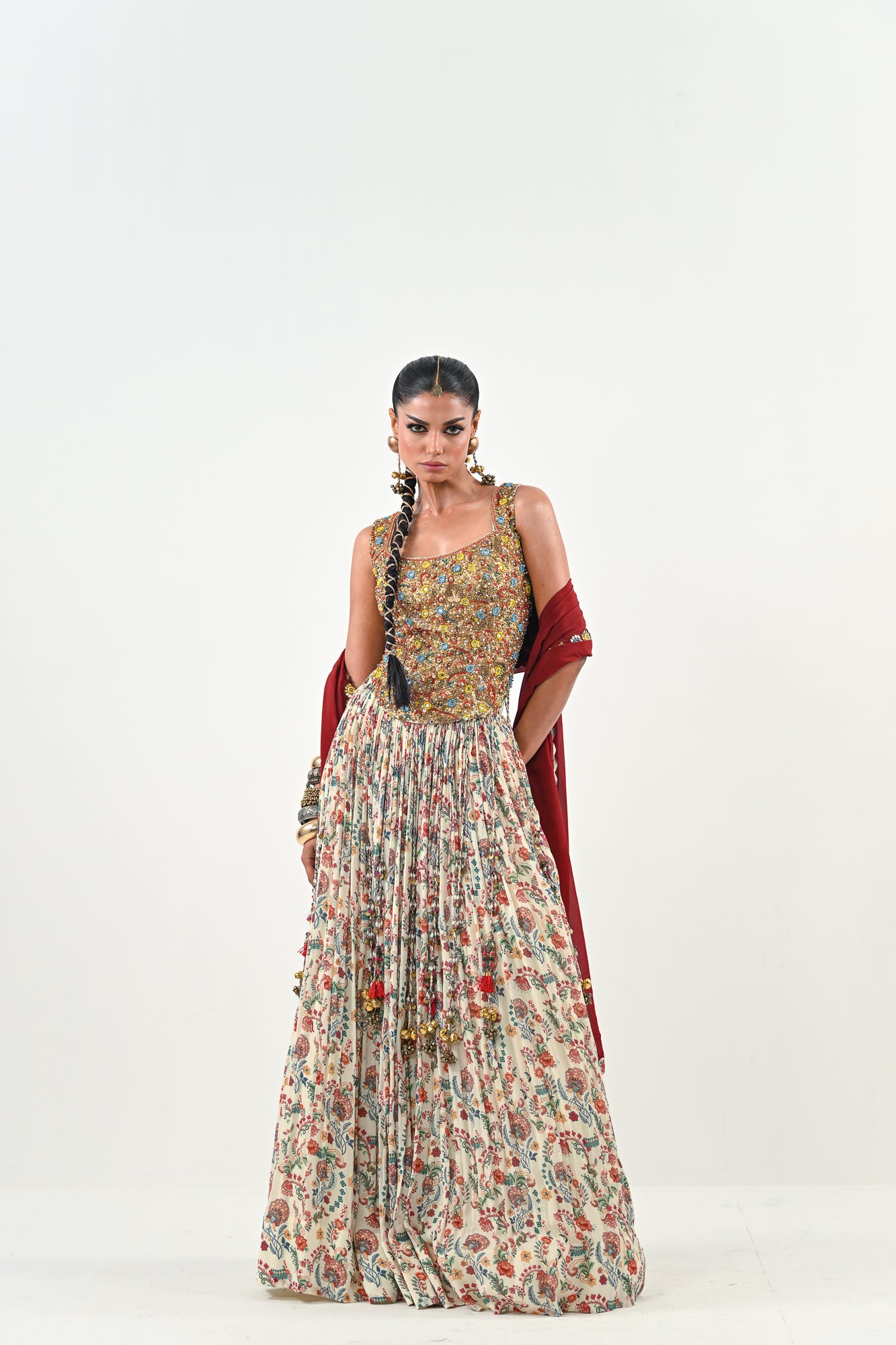 IB LEHENGA WITH EMBROIDERED TASSLE BLOUSE WITH DUPATTA