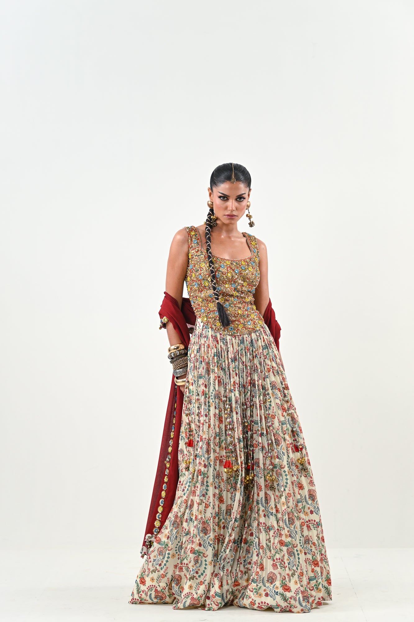 IB LEHENGA WITH EMBROIDERED TASSLE BLOUSE WITH DUPATTA