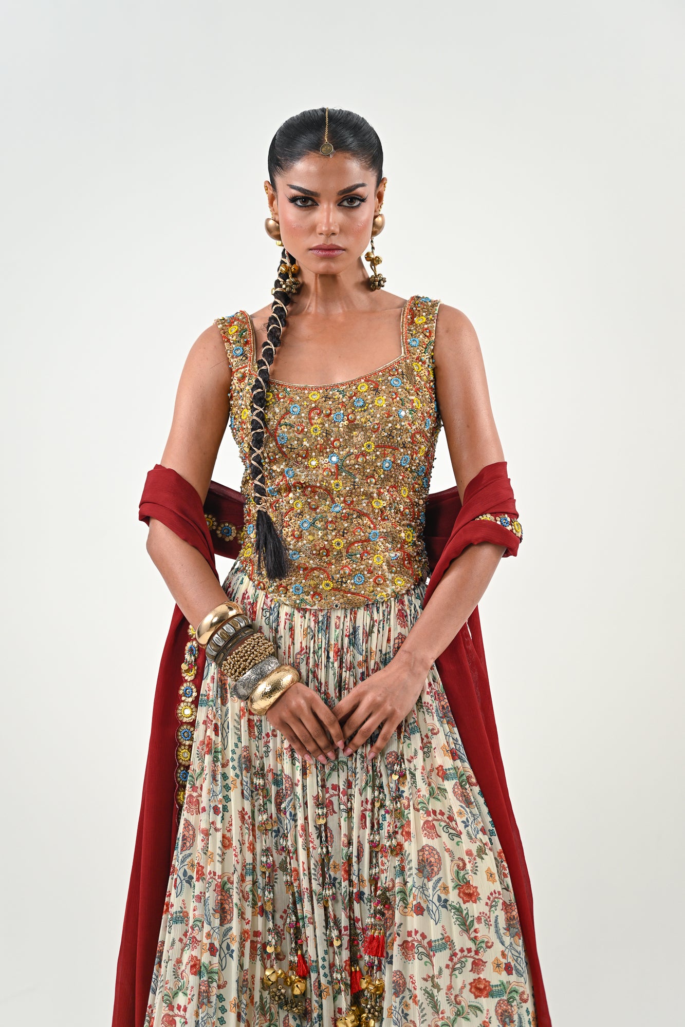 IB LEHENGA WITH EMBROIDERED TASSLE BLOUSE WITH DUPATTA