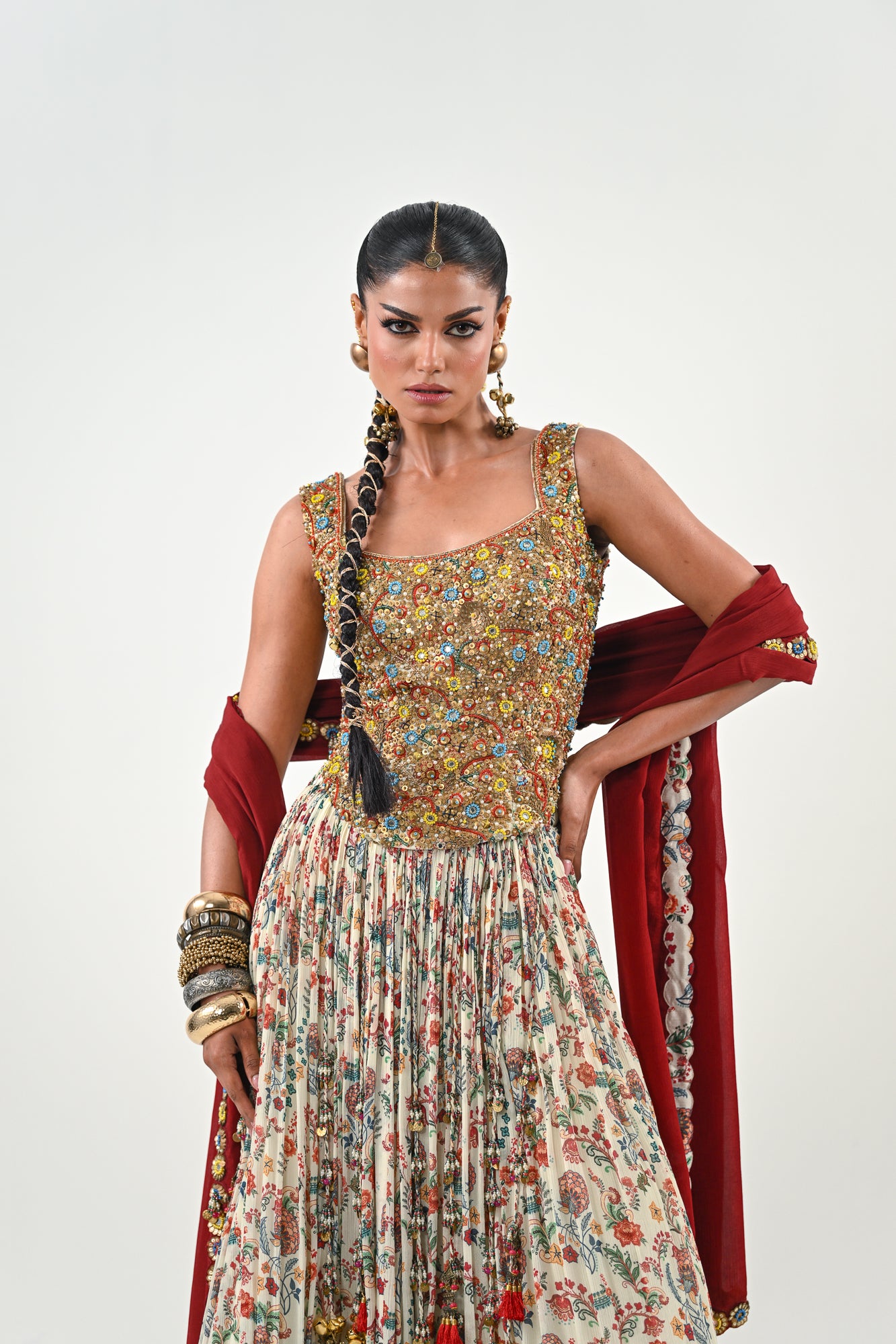 IB LEHENGA WITH EMBROIDERED TASSLE BLOUSE WITH DUPATTA