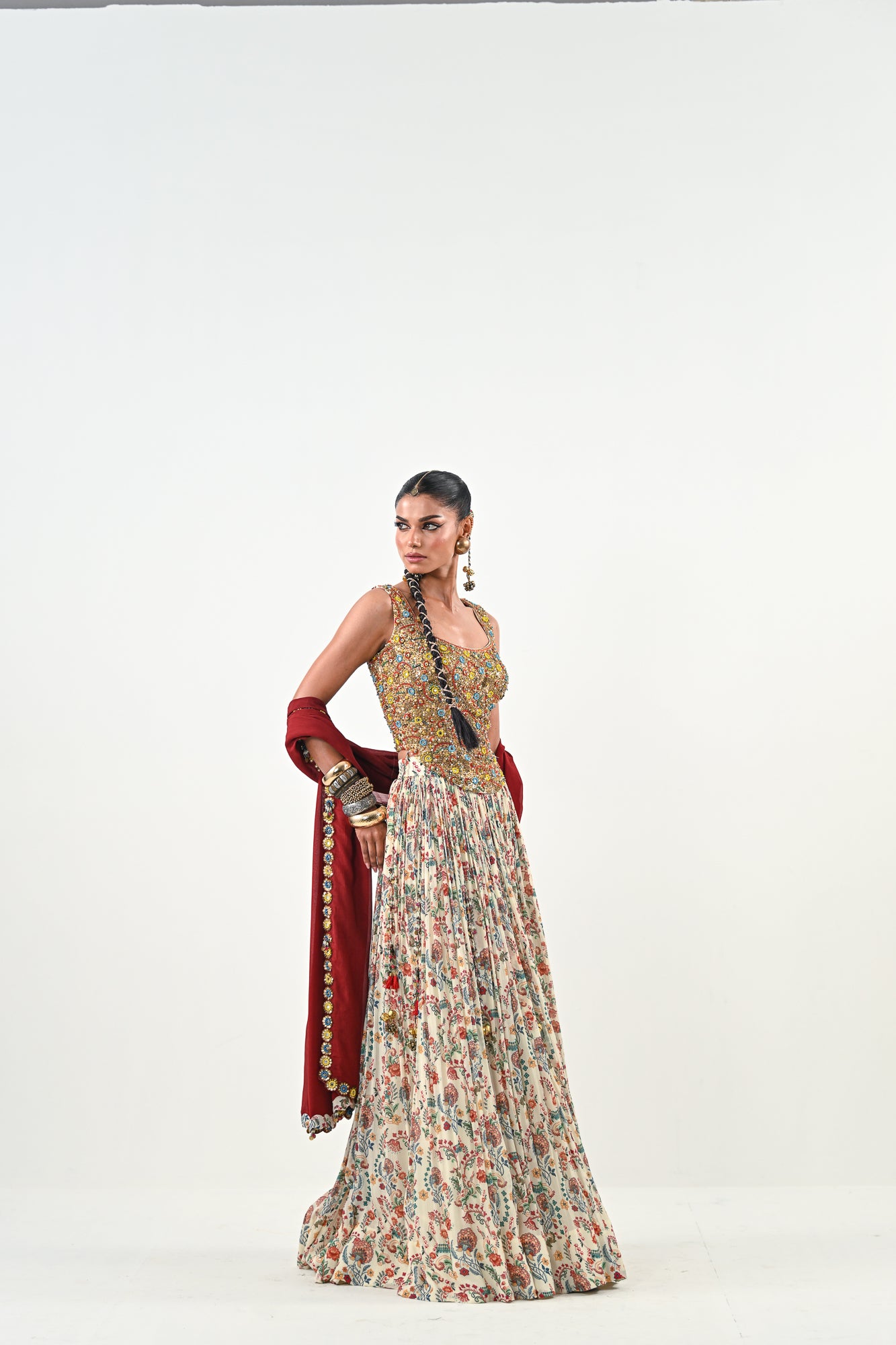 IB LEHENGA WITH EMBROIDERED TASSLE BLOUSE WITH DUPATTA
