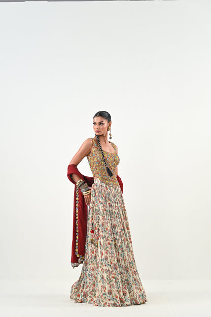 IB LEHENGA WITH EMBROIDERED TASSLE BLOUSE WITH DUPATTA