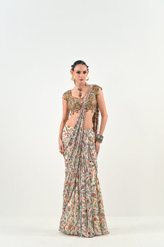 IB PRE STITCHED SAREE PAIRED WITH EMBROIDERED BLOUSE