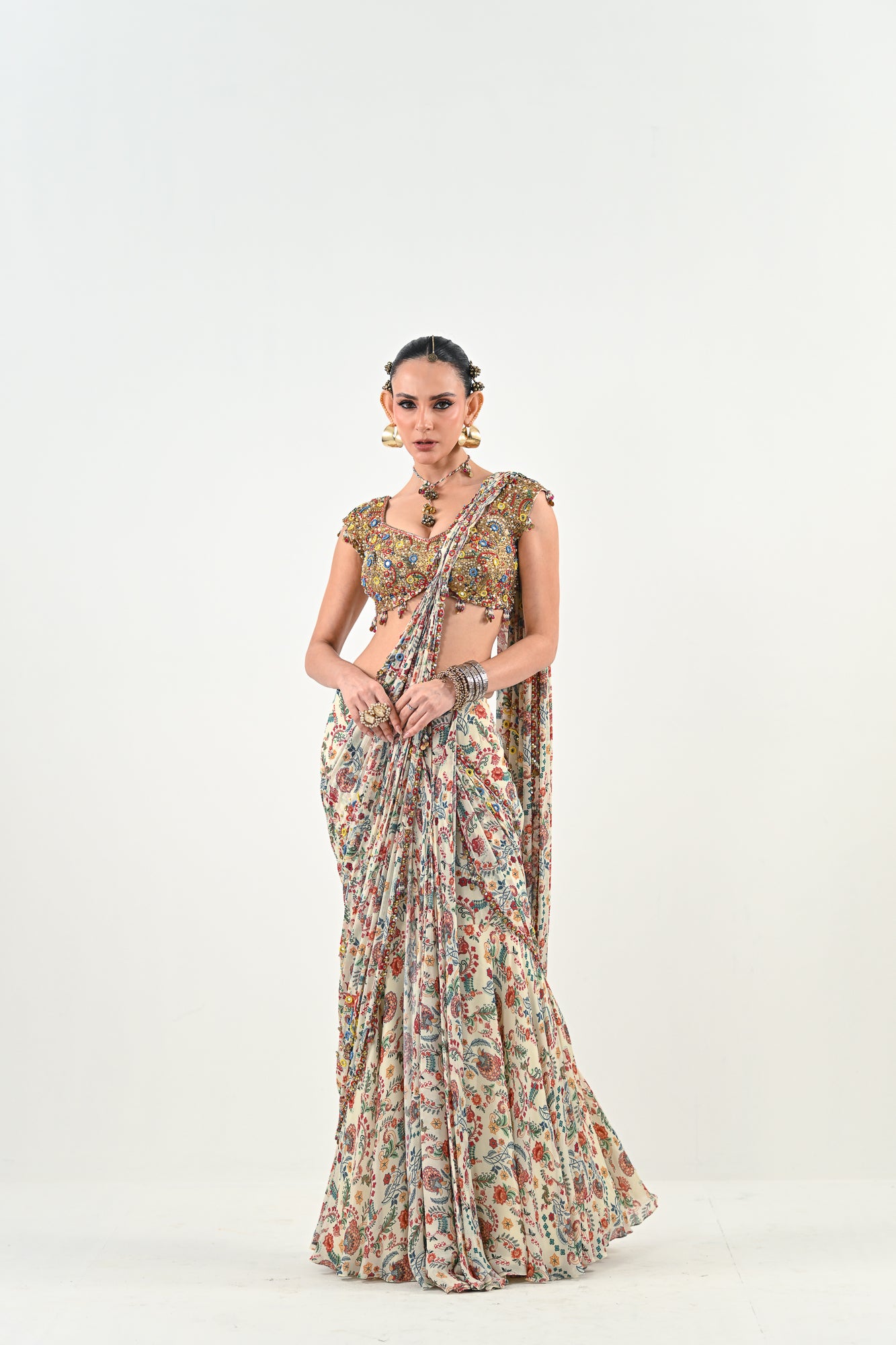 IB PRE STITCHED SAREE PAIRED WITH EMBROIDERED BLOUSE