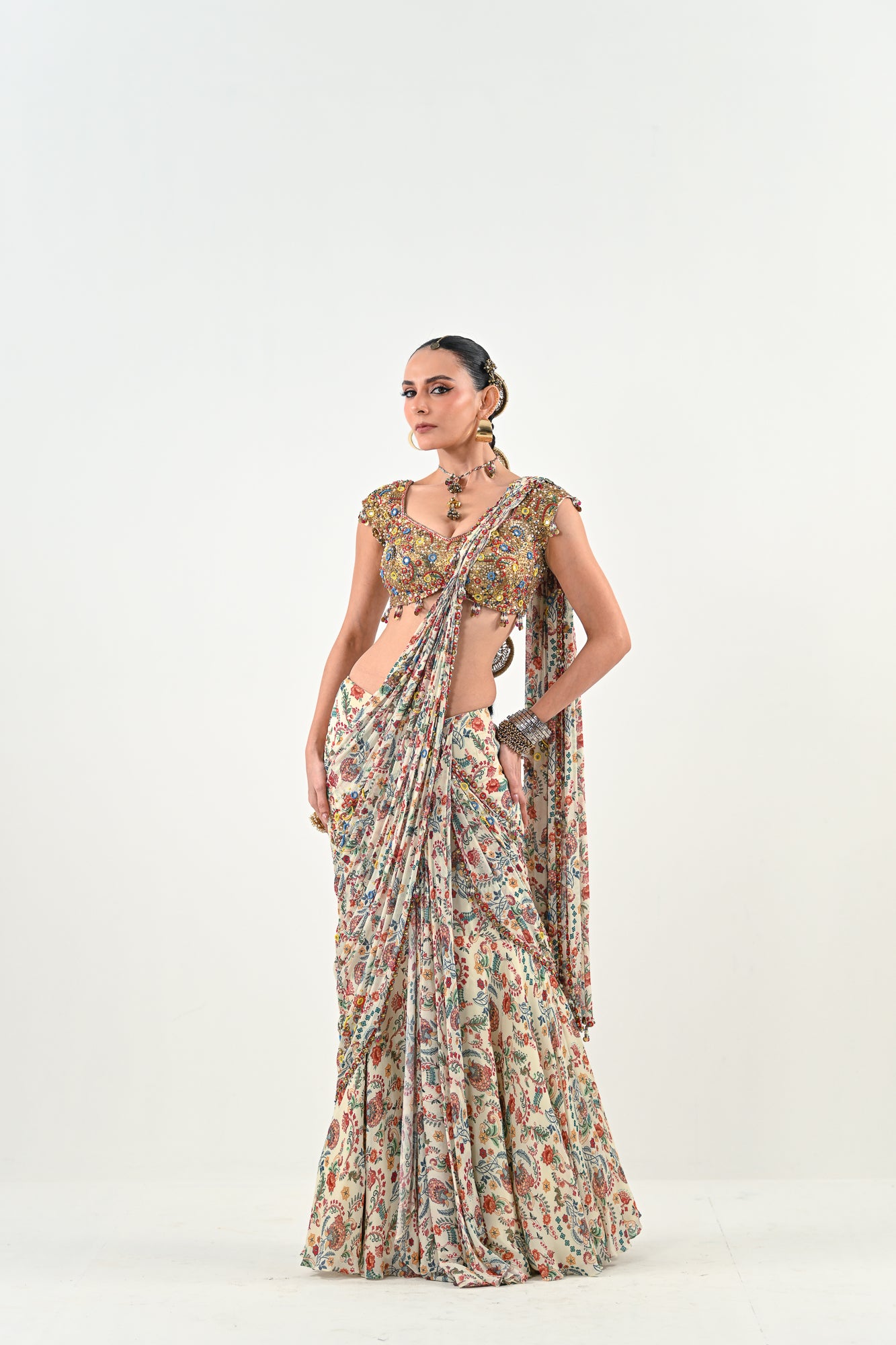 IB PRE STITCHED SAREE PAIRED WITH EMBROIDERED BLOUSE