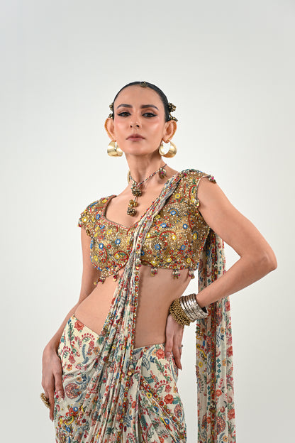 IB PRE STITCHED SAREE PAIRED WITH EMBROIDERED BLOUSE